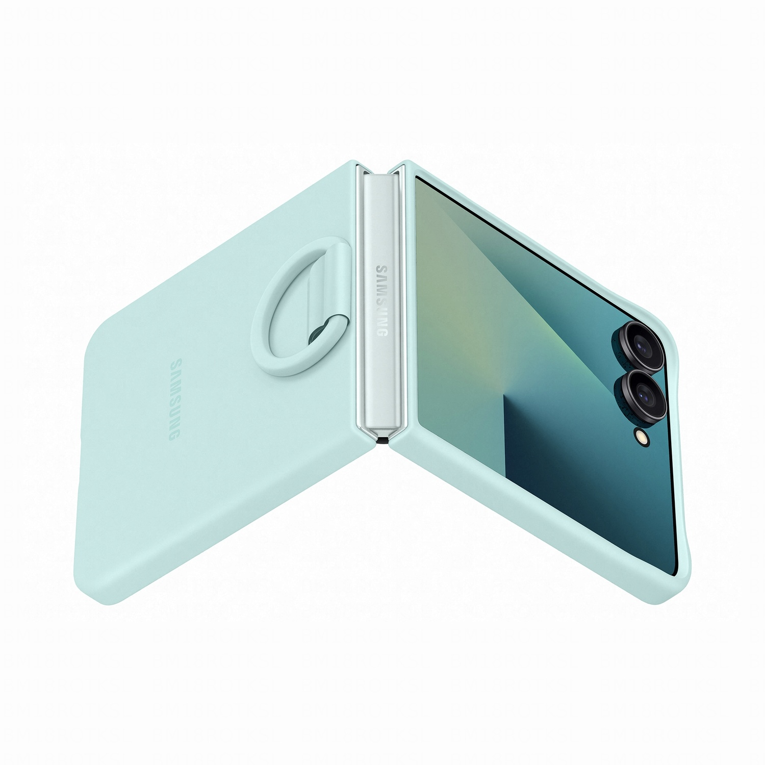 Un telefono Samsung Galaxy Z Flip azzurro è parzialmente aperto, mostrando lo schermo e la fotocamera. Il telefono ha un'impugnatura ad anello.