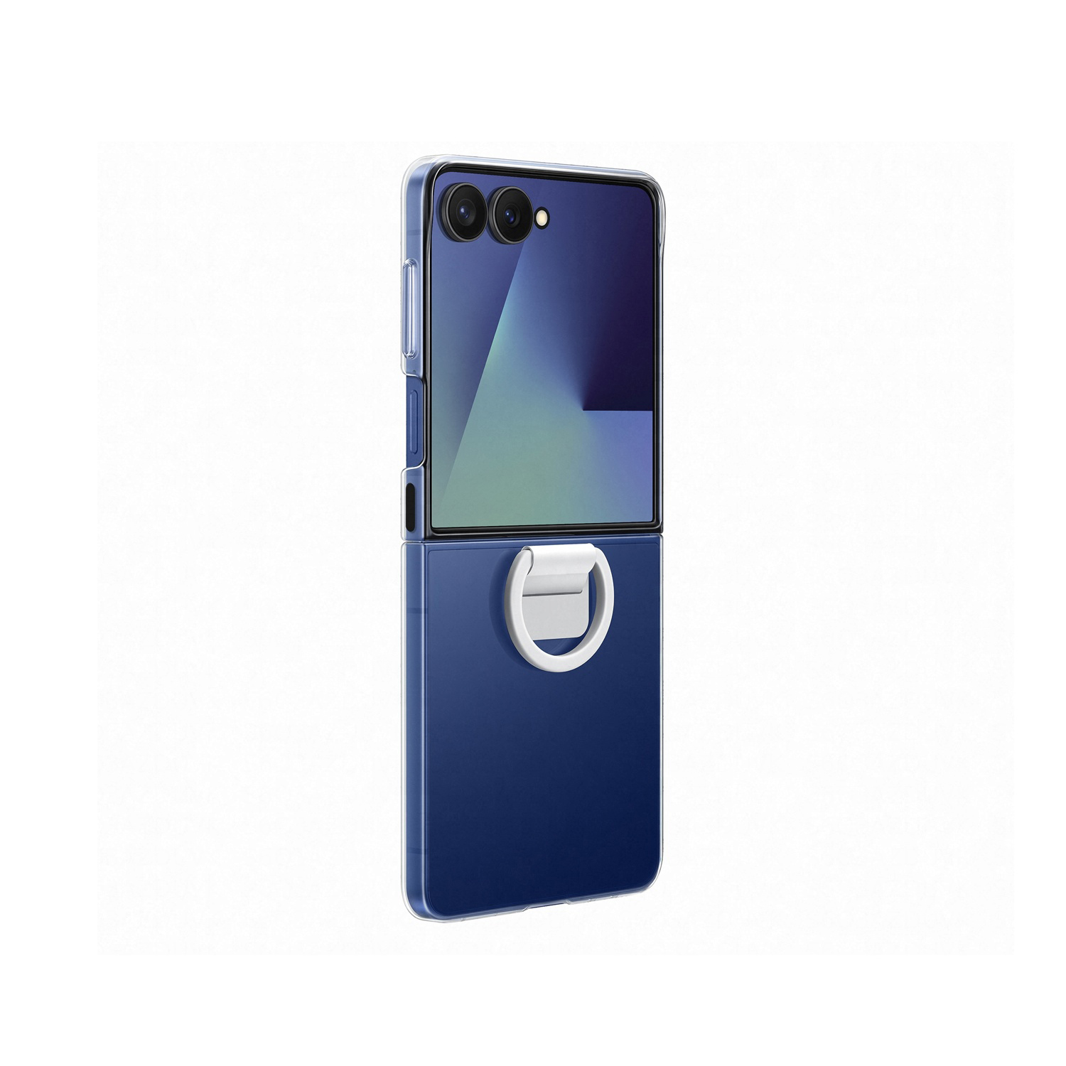 Uno smartphone blu pieghevole con una custodia trasparente. Il telefono è parzialmente aperto, rivelando uno schermo. Un anello bianco è attaccato in basso.