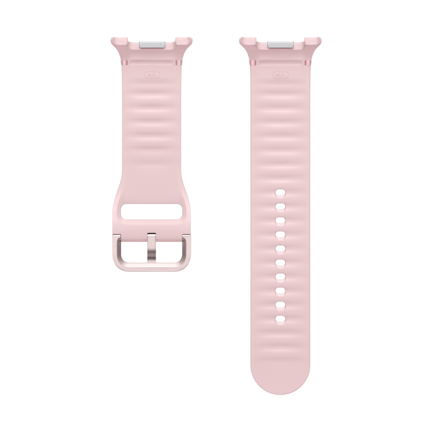Due cinturini rosa chiaro. Uno ha una fibbia, l'altro ha dei fori. Entrambi su sfondo bianco.