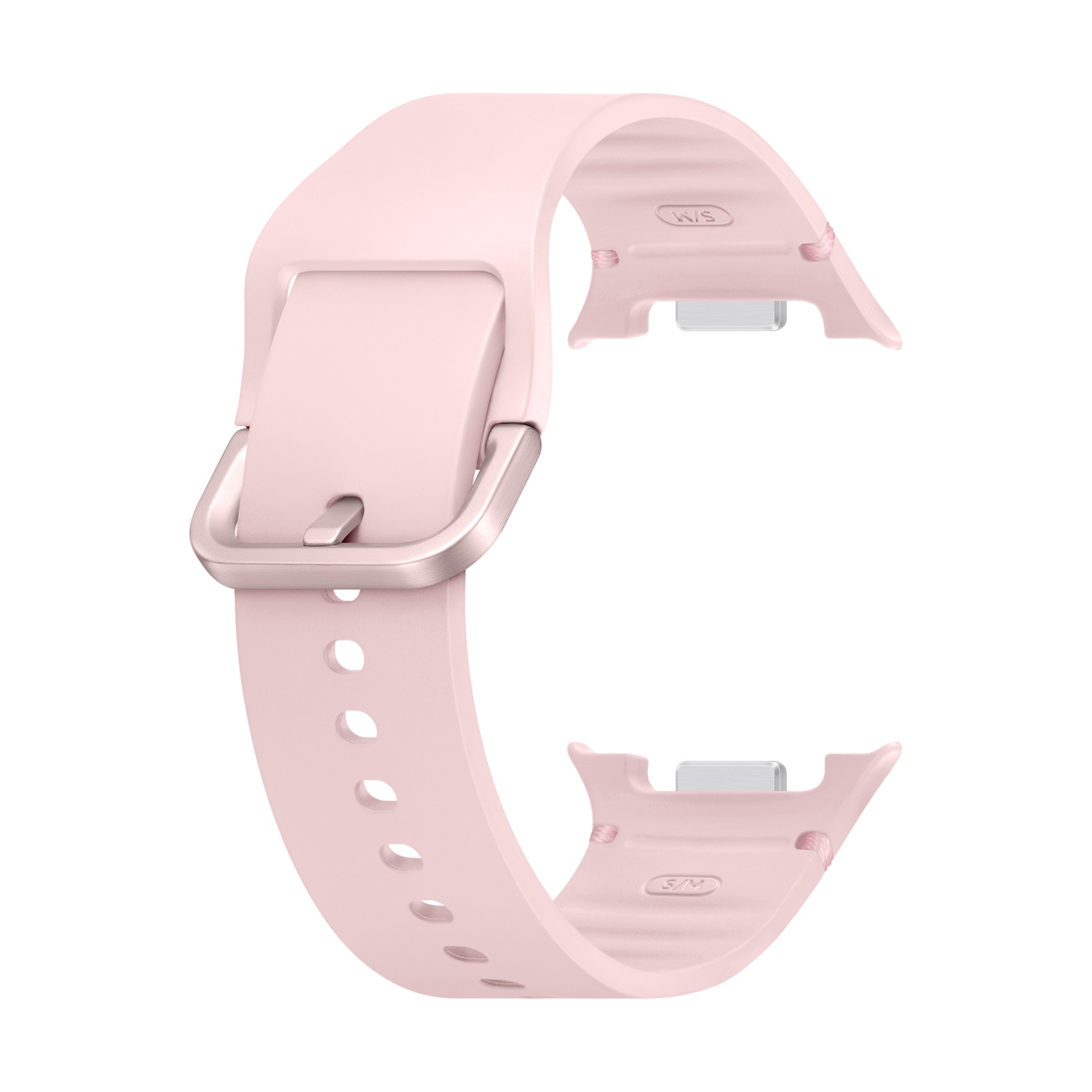 Un cinturino rosa chiaro con fibbia argentata. Il cinturino ha fori multipli ed è su sfondo bianco.