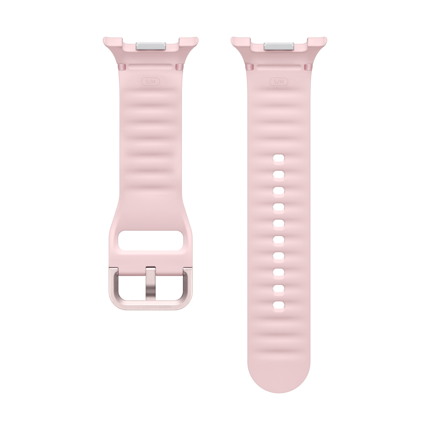 Due cinturini rosa chiaro. Uno ha una fibbia, l'altro dei fori. Entrambi hanno una trama a coste e chiusure metalliche.