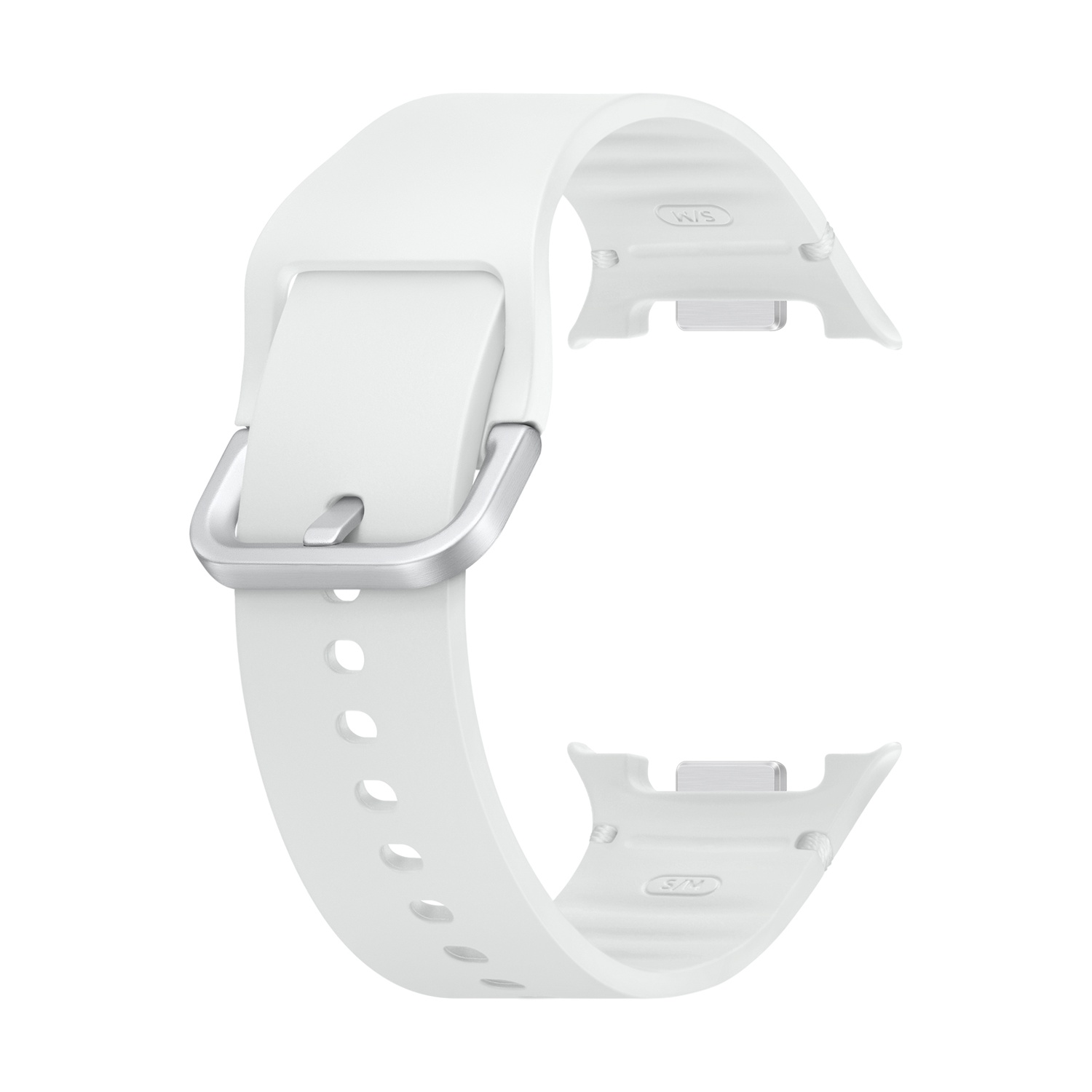 Un cinturino bianco con fibbia argentata. Ha diversi fori per la regolazione e le estremità hanno un design unico per il fissaggio.