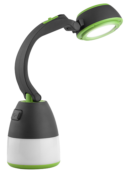 Czarno-zielona lampa biurkowa z zakrzywionym ramieniem i regulowaną głowicą świetlną, na białym tle.