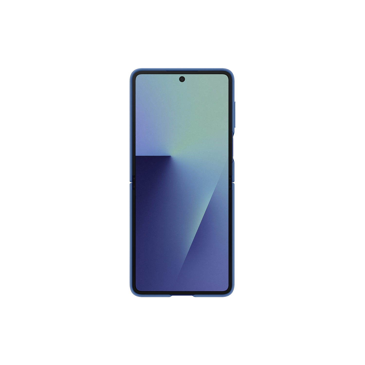 Un smartphone con marco azul. La pantalla muestra un degradado de verde en la parte superior a azul en la inferior. Fondo negro.
