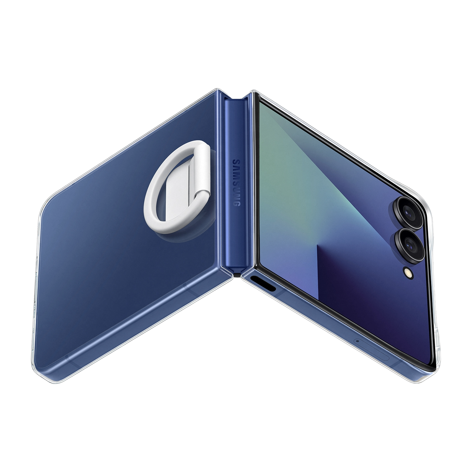 Un teléfono Samsung Z Flip azul, abierto. Un agarre de anillo blanco está en un lado. El teléfono está sobre un fondo negro.