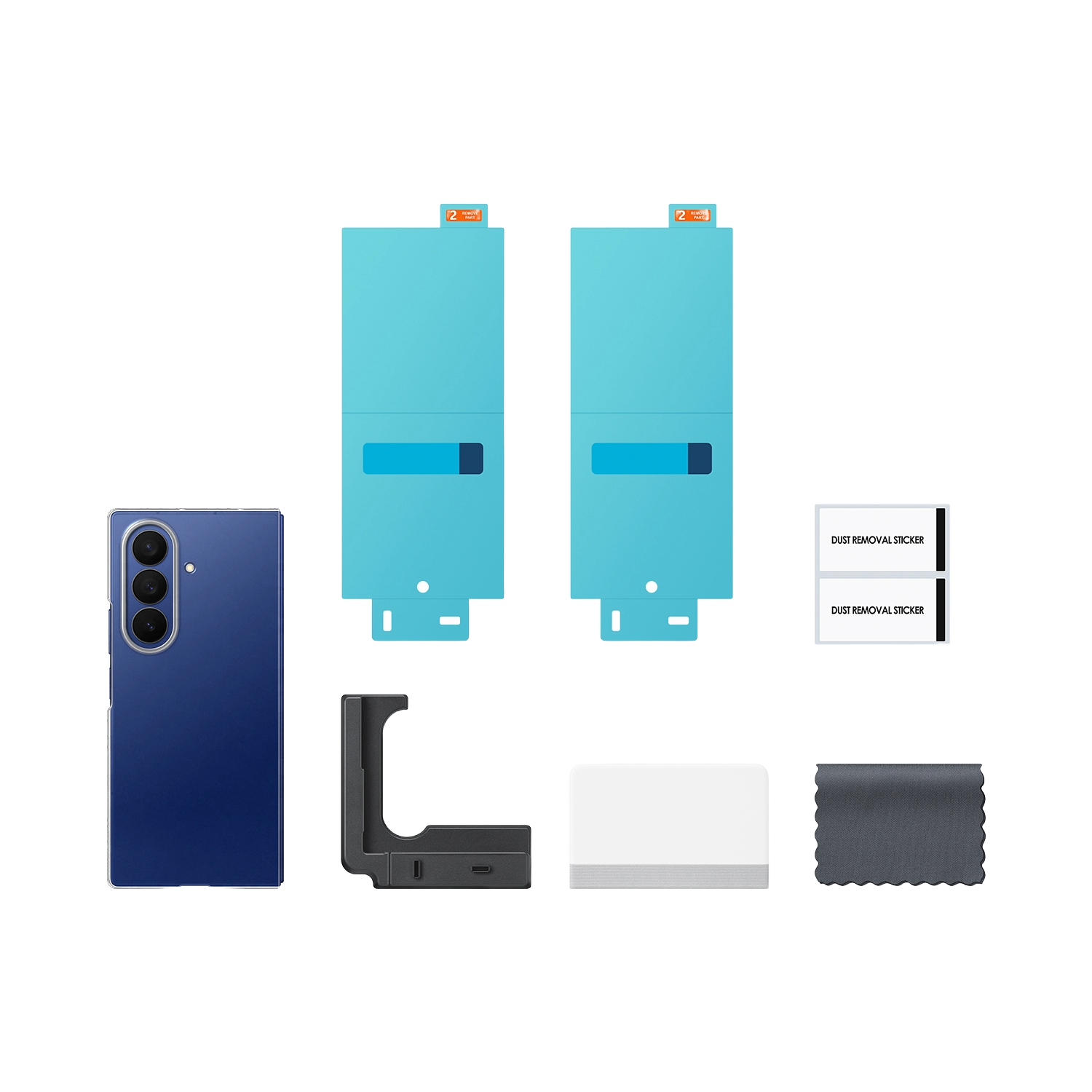Un smartphone azul y accesorios están dispuestos sobre un fondo negro, incluyendo protectores de pantalla, un paño de limpieza y pegatinas.