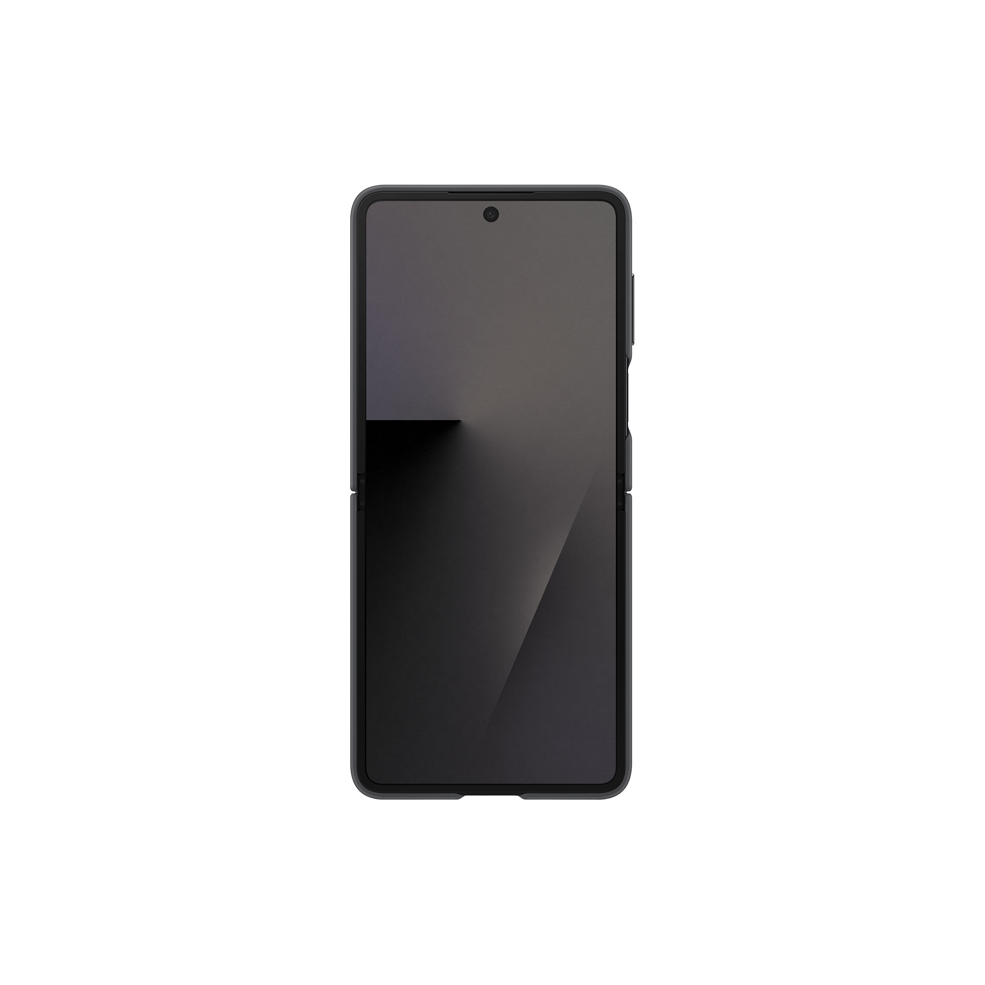 Un teléfono inteligente negro sobre un fondo negro. El teléfono está abierto y en ángulo.