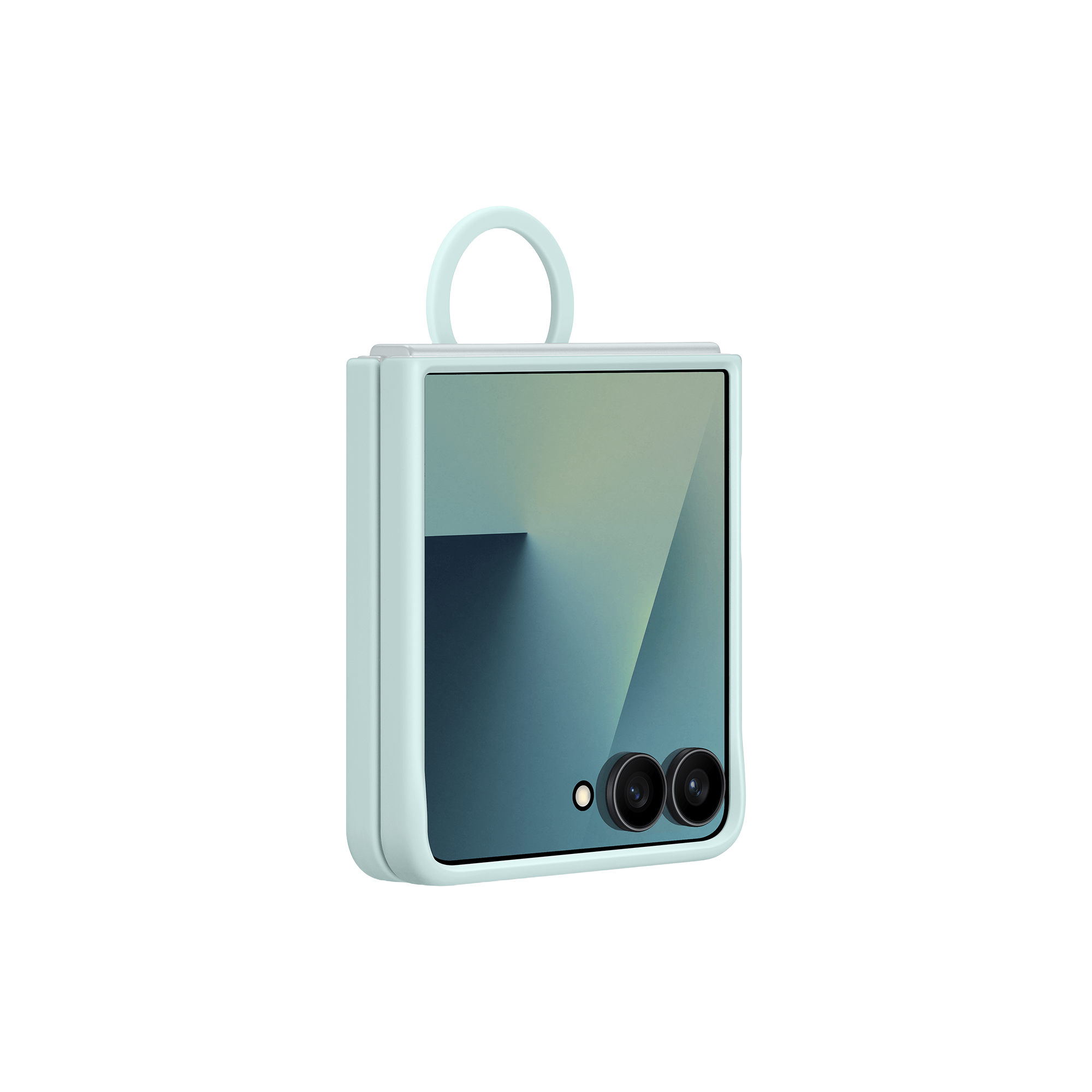 Un teléfono plegable azul claro con un anillo en la parte superior. Tiene dos lentes de cámara y una pantalla con degradado de color.