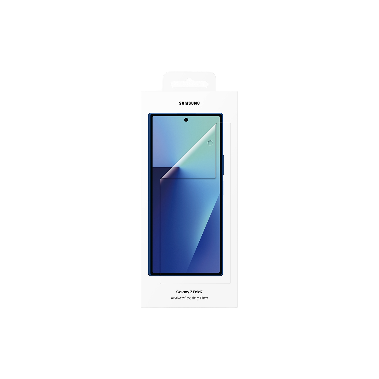 Una película antirreflectante Samsung Galaxy Z Fold7 en su embalaje. La pantalla del teléfono es azul. El embalaje es blanco con el logo de Samsung.