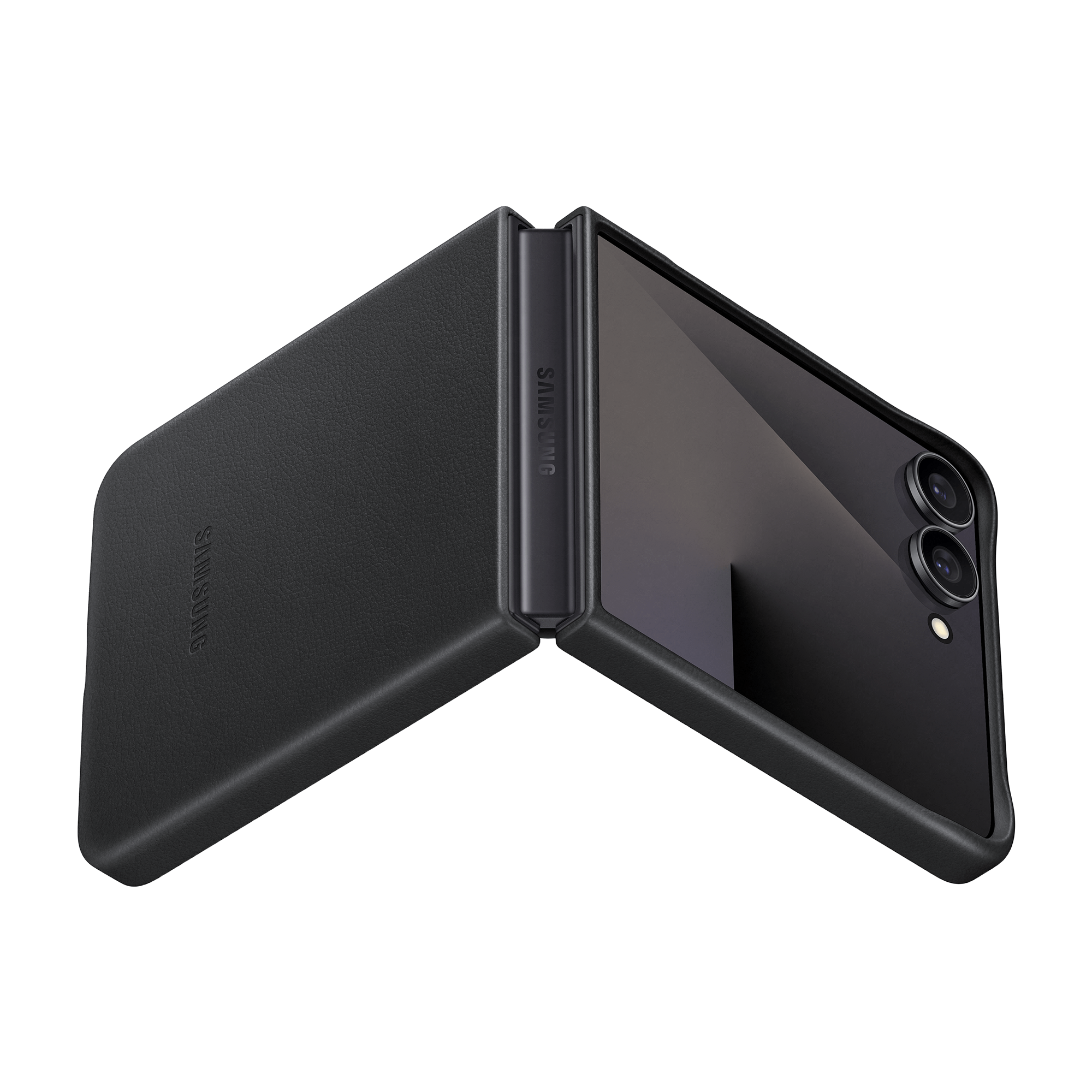 Un teléfono Samsung Galaxy Z Flip negro, abierto en ángulo. Tiene una cámara doble y un fondo negro.