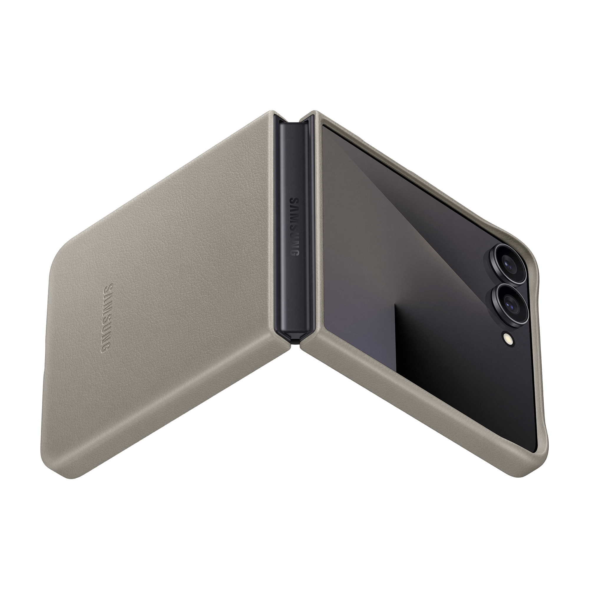 Funda de teléfono plegable gris claro, abierta, revela pantalla negra y cámaras, logo Samsung visible.