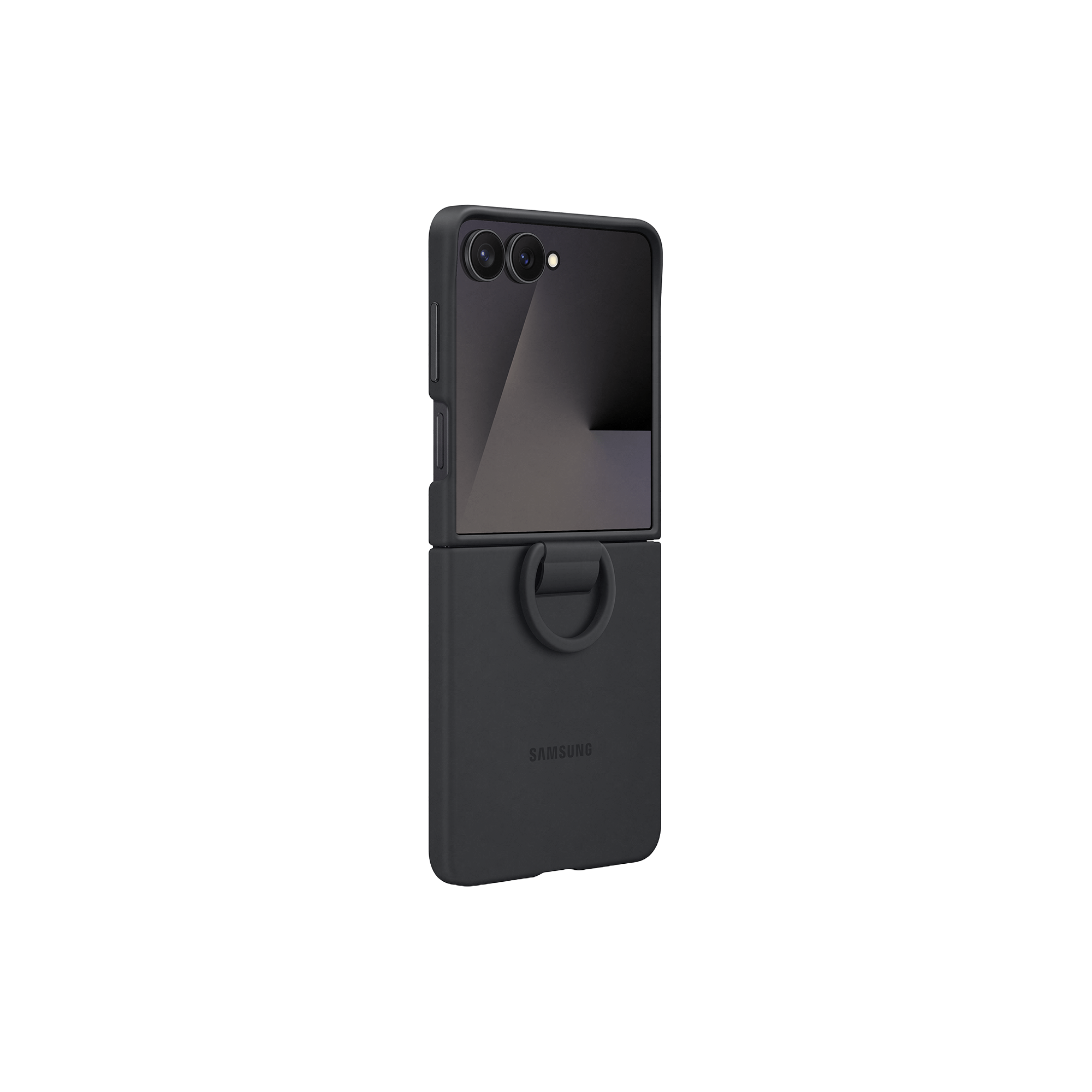Teléfono Samsung negro con funda, parcialmente abierto. La funda tiene un soporte de anillo. El fondo es negro.