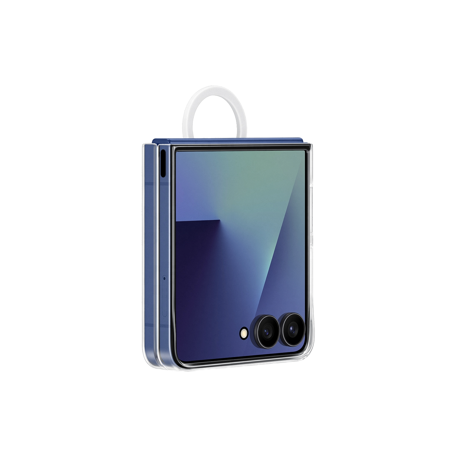 Un teléfono azul plegado con un lazo blanco. El teléfono tiene dos cámaras, una pantalla con degradado azul y verde y una funda transparente.
