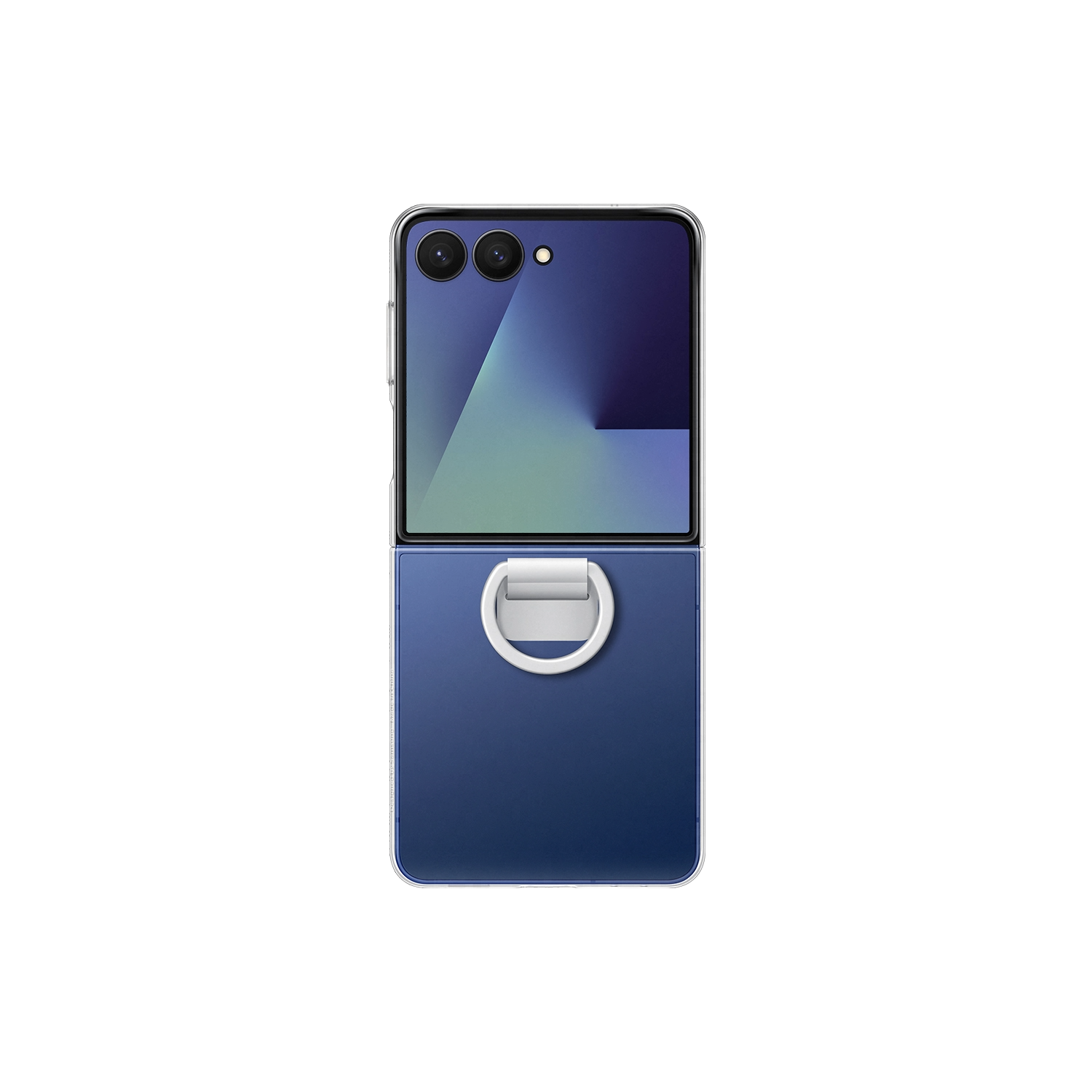Un teléfono plegable azul con un soporte de anillo plateado sobre fondo negro, la pantalla muestra gradientes.
