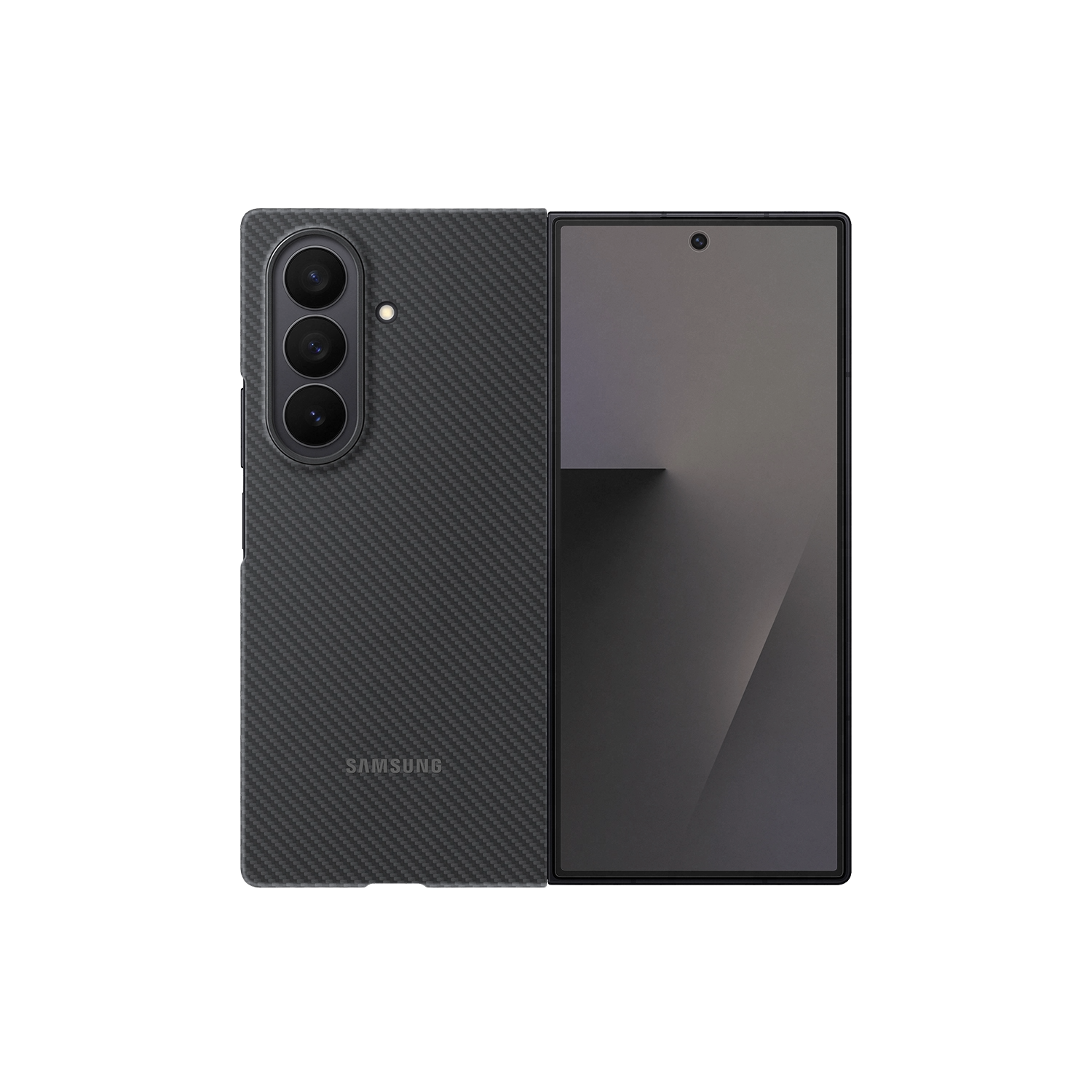 Teléfono plegable con textura de fibra de carbono. Tres lentes de cámara en la parte trasera. Pantalla a la derecha.