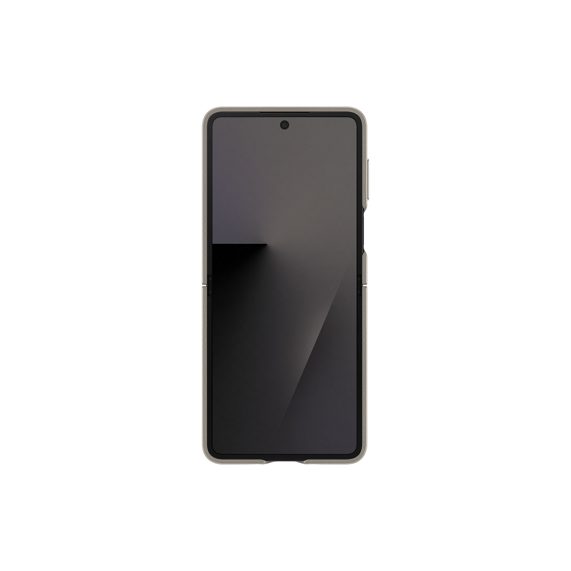 Un smartphone con funda gris centrado contra un fondo negro. La pantalla muestra un degradado oscuro.