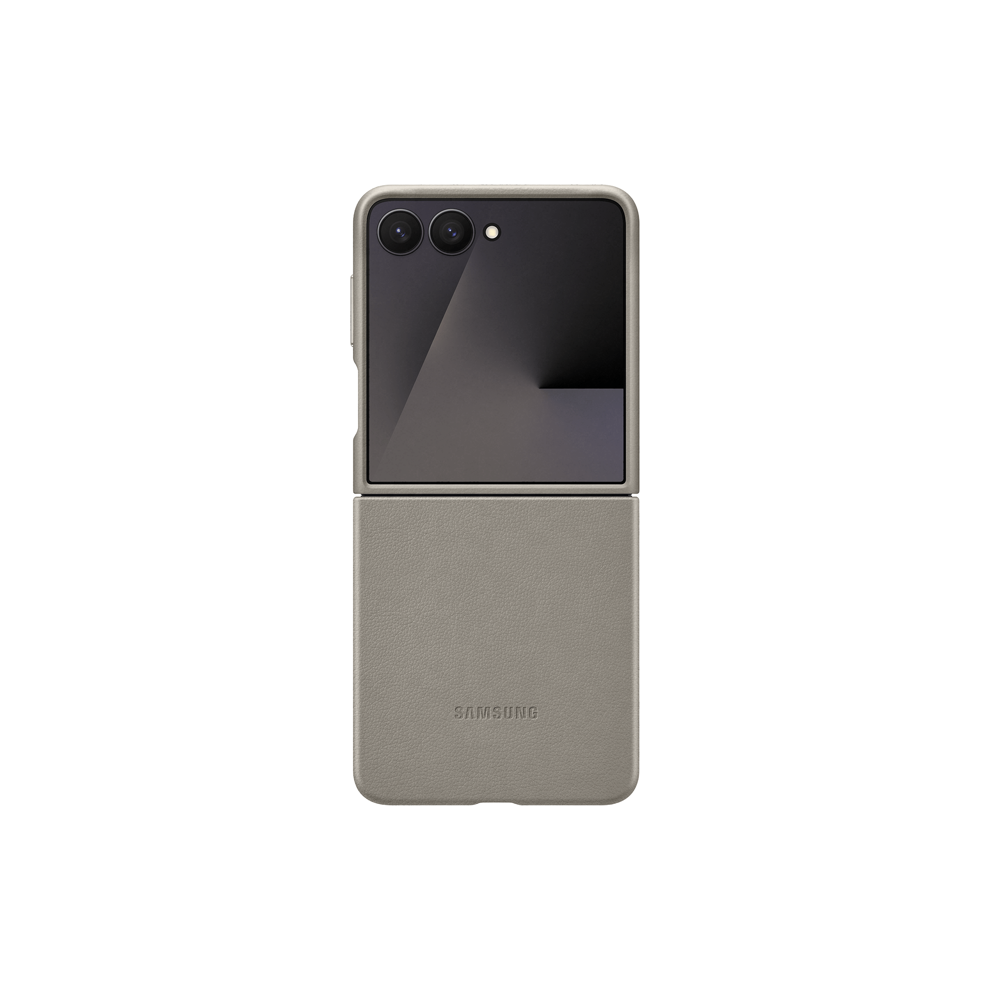 Teléfono plegable en una funda, abierto, mostrando la pantalla. La funda es gris claro, con el logotipo de Samsung abajo.