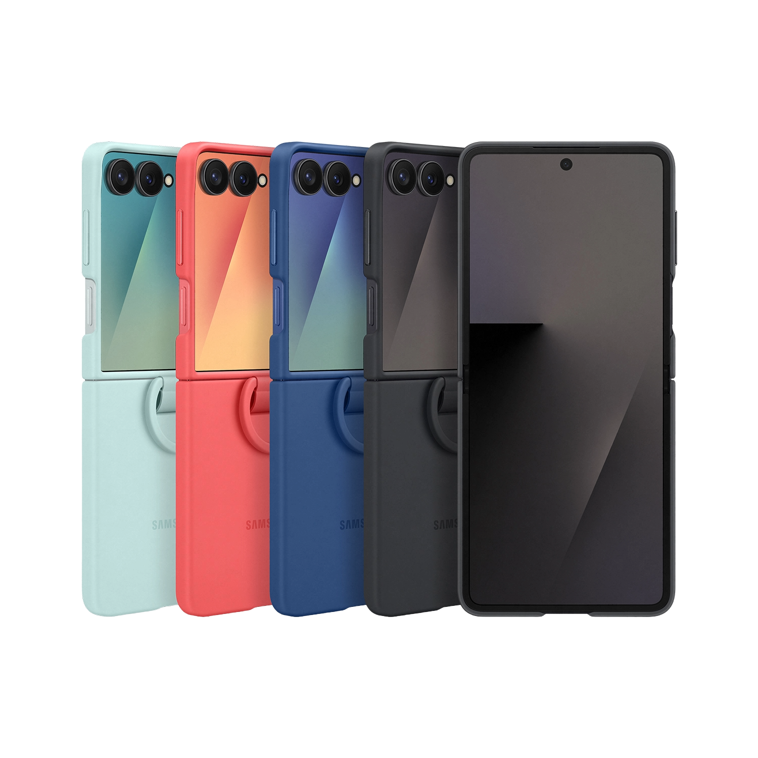 Cinco teléfonos Samsung Galaxy Z Flip coloridos en fila. Los colores incluyen aguamarina, rojo, azul, carbón y negro. Cada uno tiene una funda.