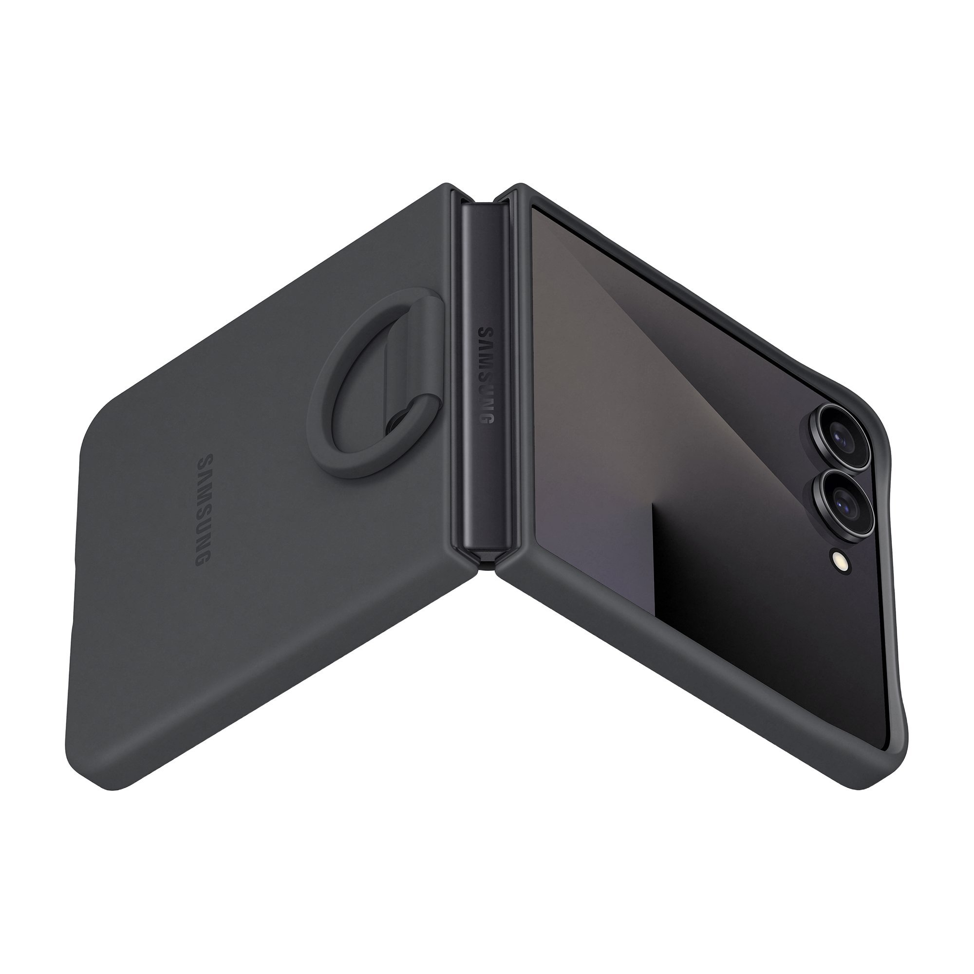 Un teléfono plegable Samsung gris oscuro está abierto. El teléfono tiene un soporte de anillo. El fondo es negro.