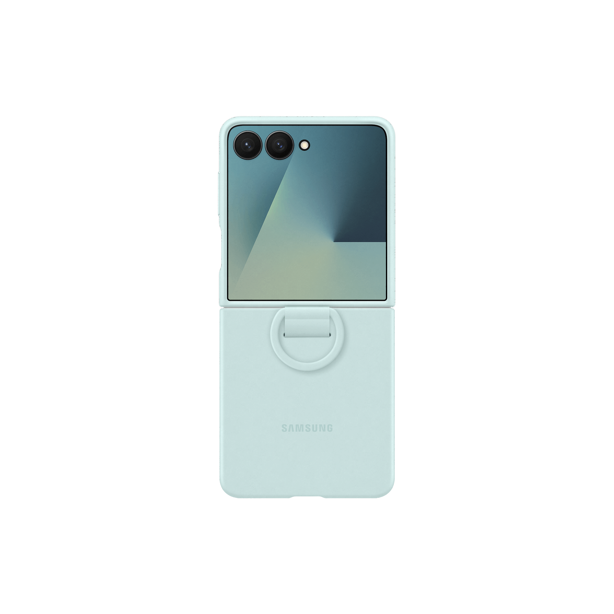 Una funda de teléfono Samsung azul claro con soporte de anillo, mostrando la pantalla del teléfono y la cámara. El fondo es negro.