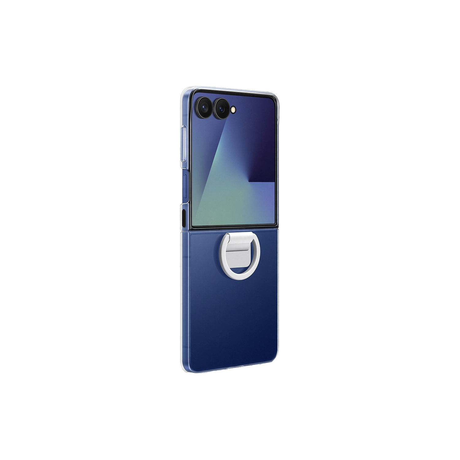 Un teléfono azul plegable con un agarre de anillo se muestra sobre un fondo negro. Está parcialmente abierto, revelando la pantalla y las cámaras.