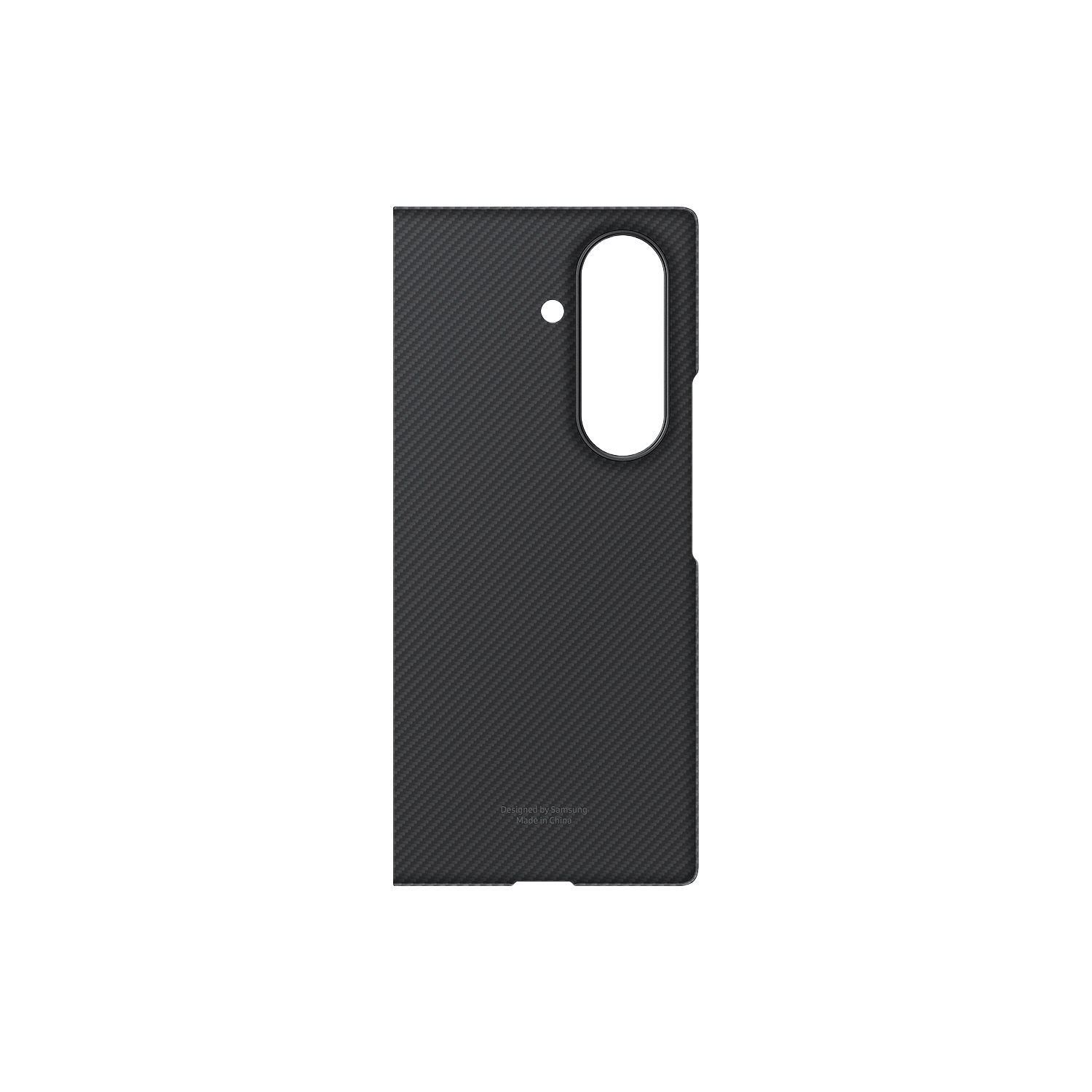 Una funda de teléfono gris oscuro con un recorte para la cámara y una superficie texturizada sobre un fondo negro.
