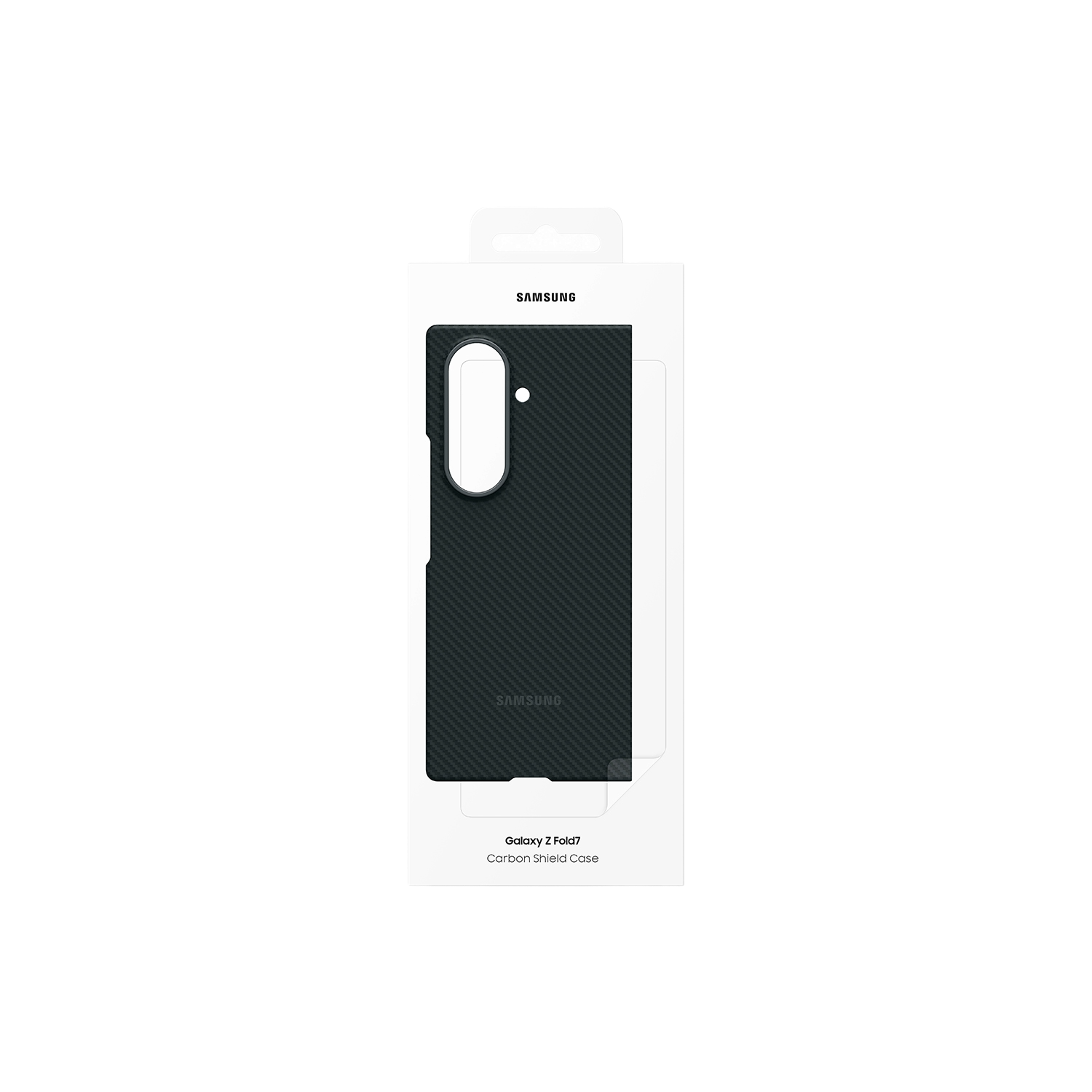 Una funda protectora de carbono Samsung Galaxy Z Fold7 en su embalaje. La funda es gris oscuro con un patrón texturizado. El embalaje es blanco.
