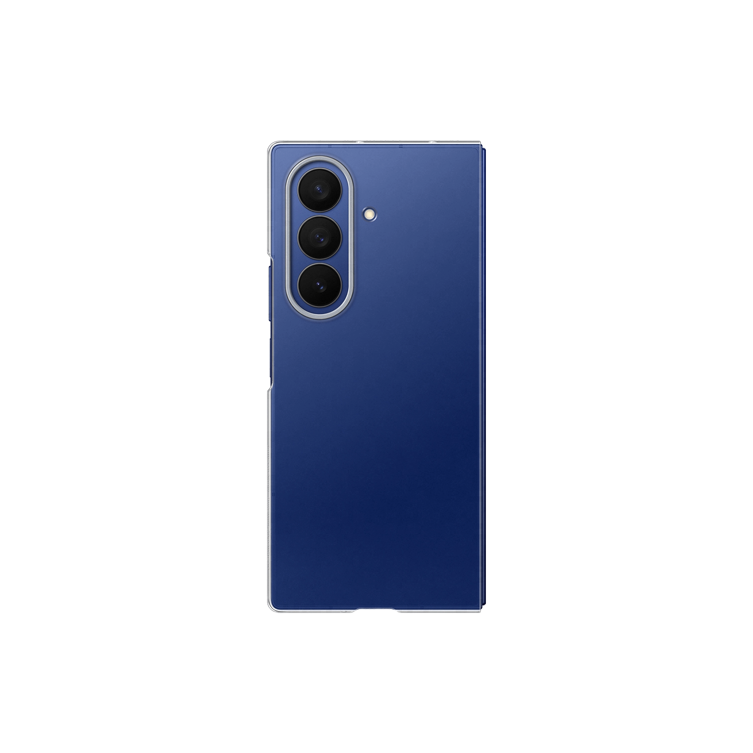 Un teléfono inteligente azul con tres cámaras se muestra sobre un fondo negro.