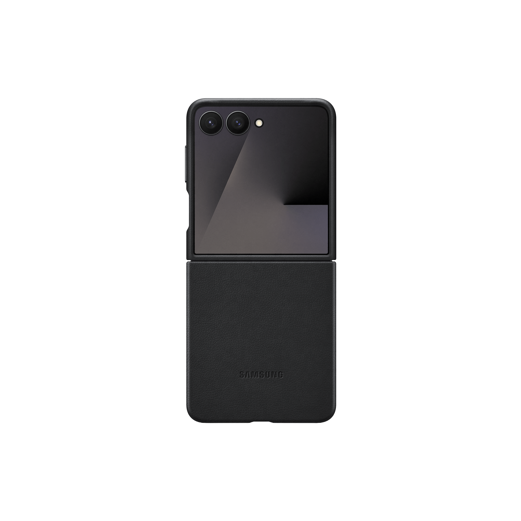 Un teléfono plegable Samsung negro, abierto. La sección superior tiene dos cámaras. La sección inferior es de cuero con SAMSUNG.
