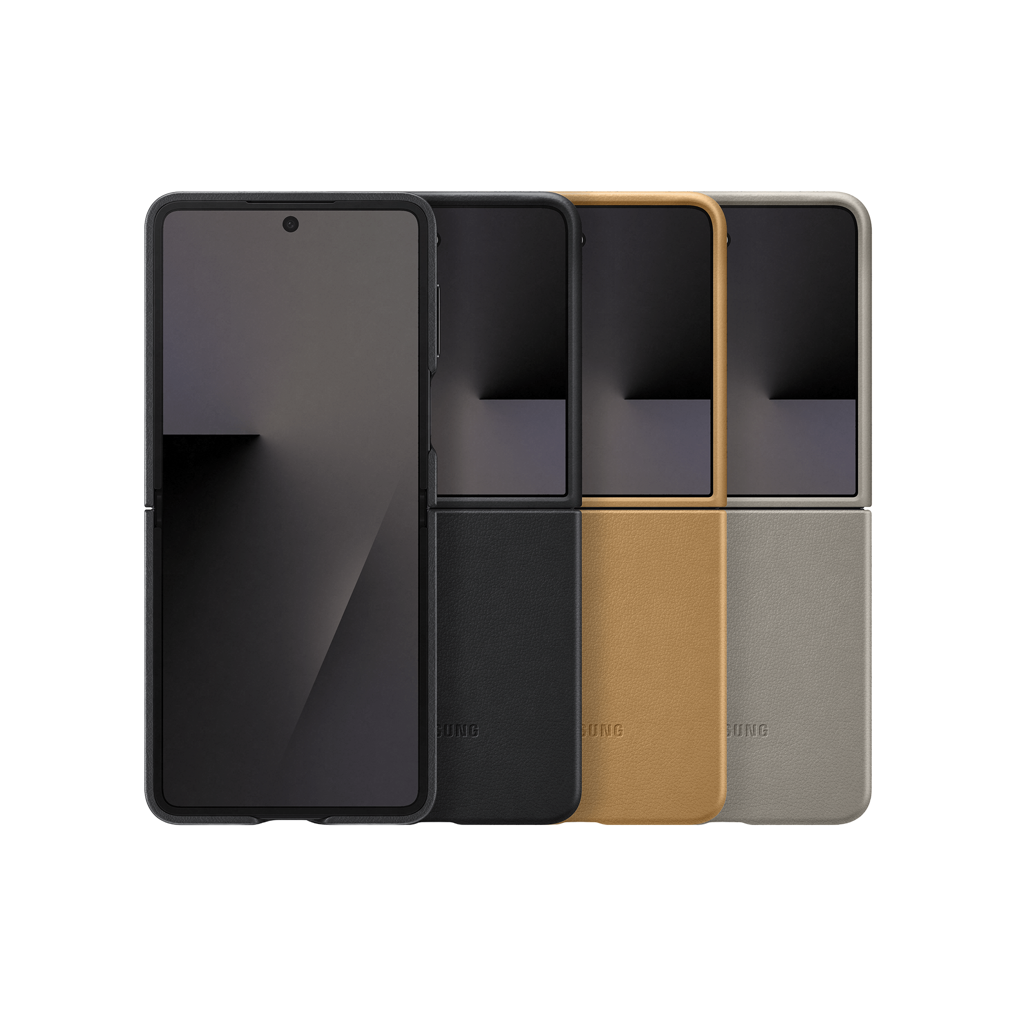 Cuatro fundas para teléfono en negro, cuero negro, cuero canela y cuero gris, sobre un fondo negro.