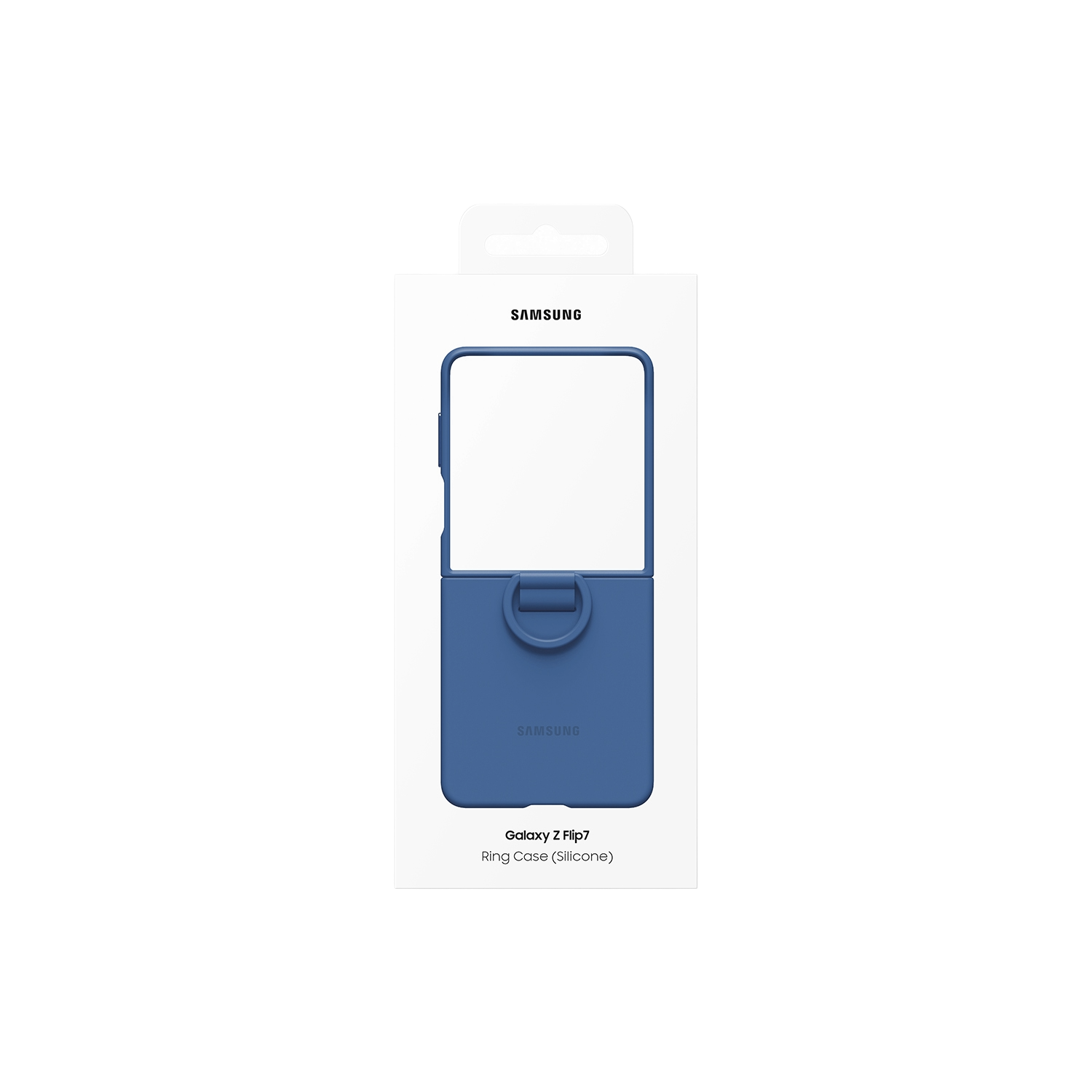 Una funda con anillo Samsung Galaxy Z Flip7 en una caja. La funda es azul, con un anillo en la parte inferior. La caja es blanca con el logo de Samsung.