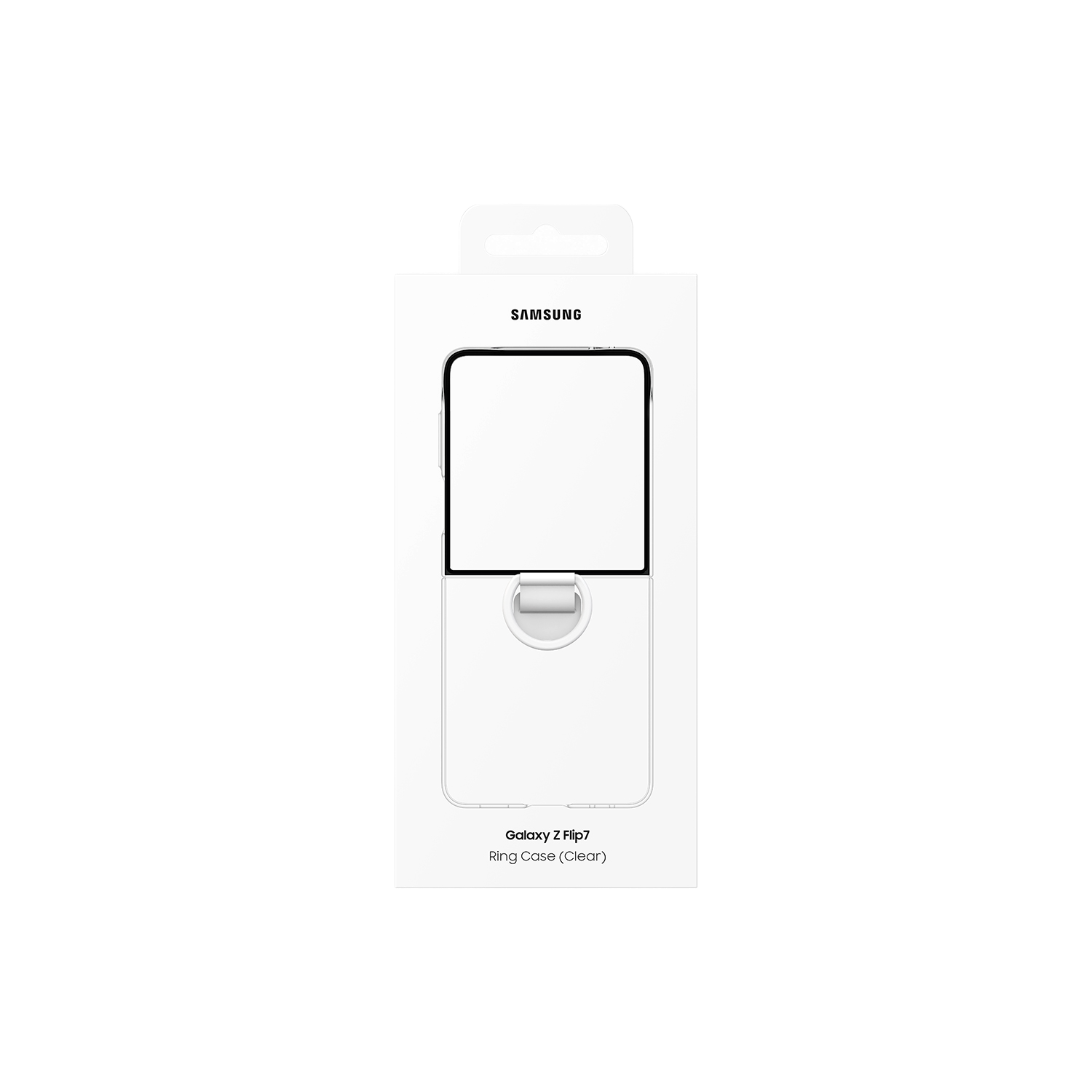 Un estuche blanco Samsung Galaxy Z Flip7 Ring Case (Clear) está empaquetado. La funda del teléfono es visible en la caja. El fondo es negro.