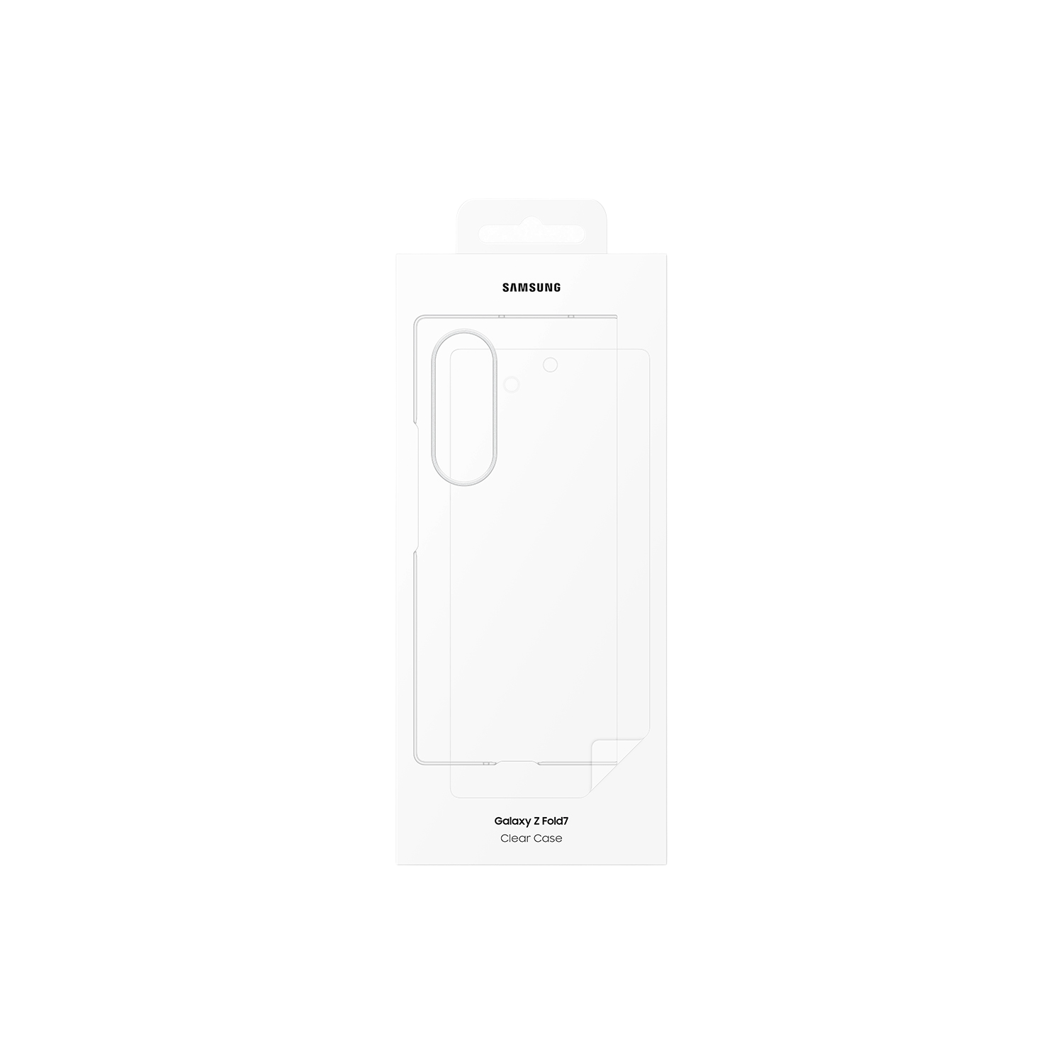 Una caja blanca de Samsung para una funda transparente Galaxy Z Fold7. La caja tiene una ventana de plástico que muestra la forma de la funda.