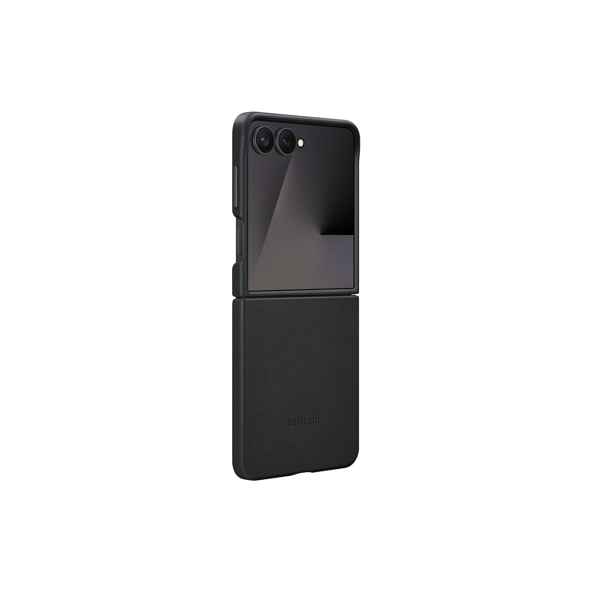 Un teléfono Samsung Galaxy Z Flip negro en una funda negra. El teléfono está parcialmente abierto.