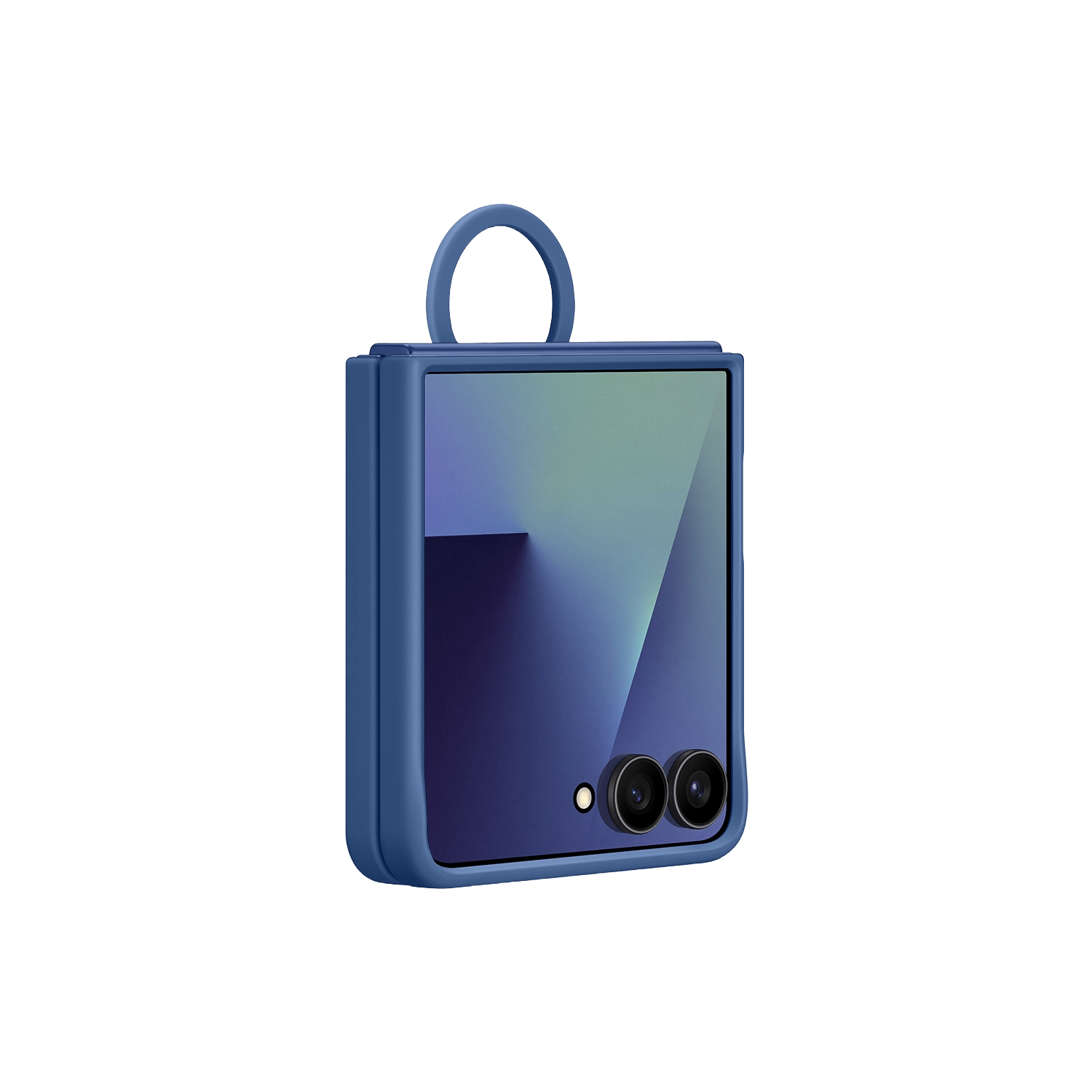 Teléfono plegable azul con lazo, fondo negro. La pantalla muestra un degradado. Dos lentes de cámara visibles.