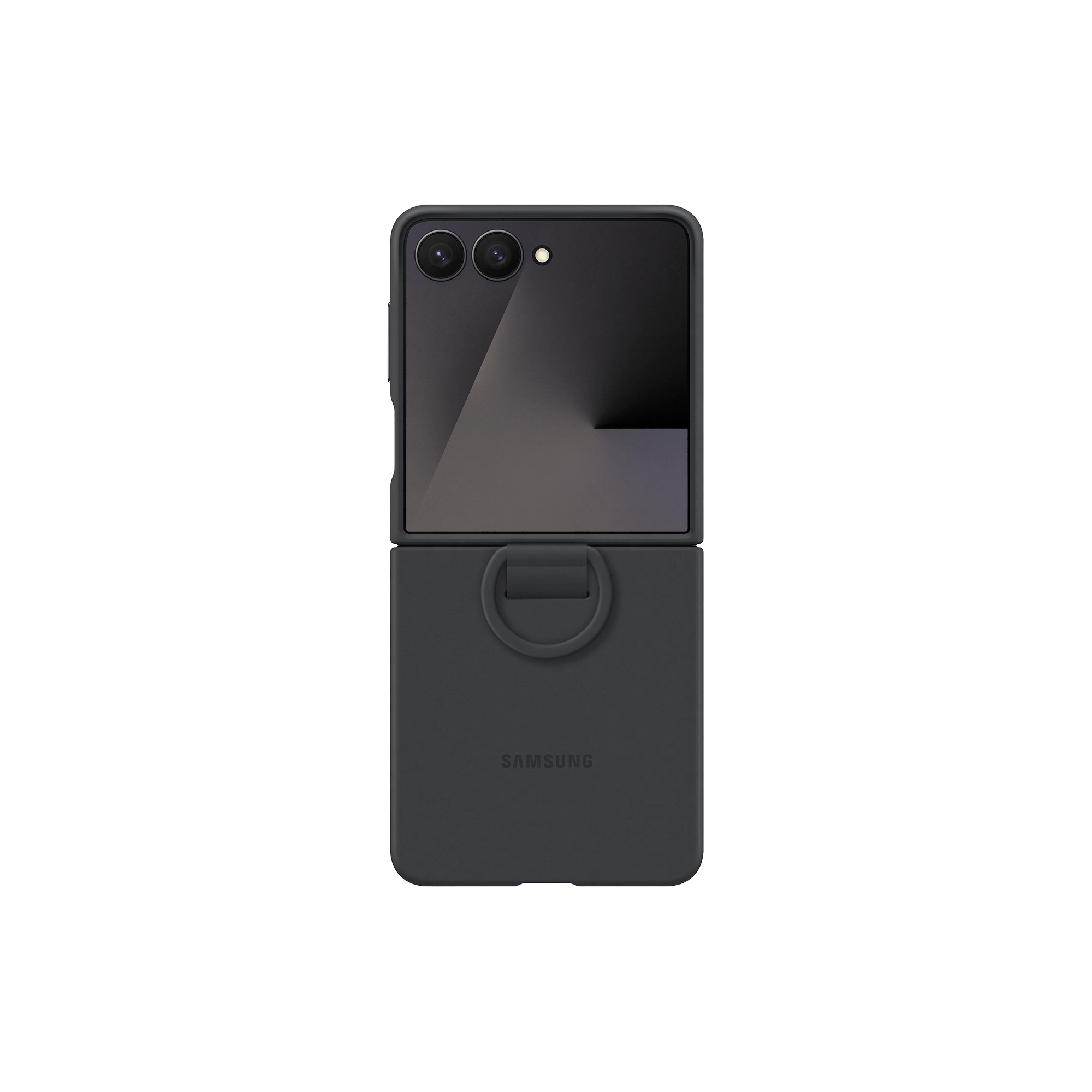 Teléfono negro plegable en funda, abierto. La parte superior tiene cámaras. La inferior tiene un anillo y el logo de Samsung.