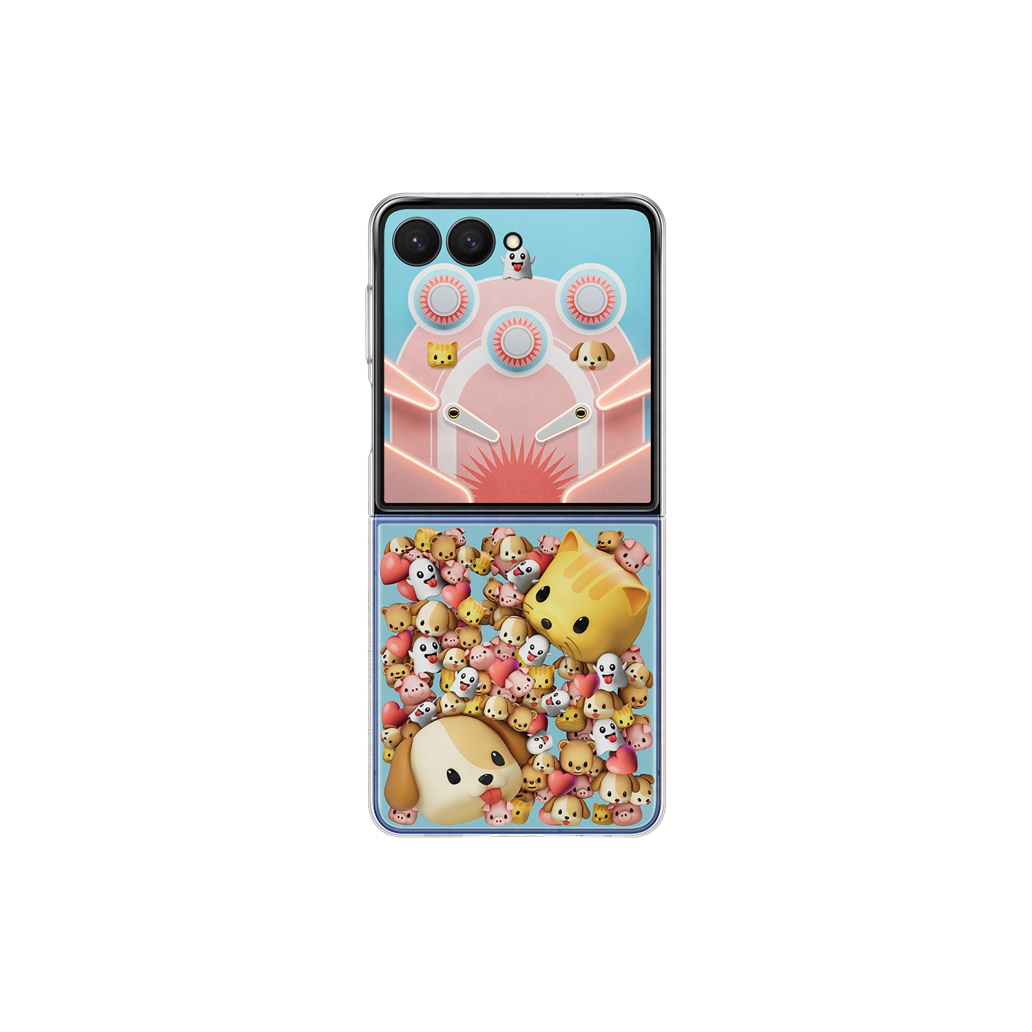 Una funda de teléfono con un diseño de máquina de pinball en la parte superior y un perro y un gato de dibujos animados con otros personajes en la parte inferior.