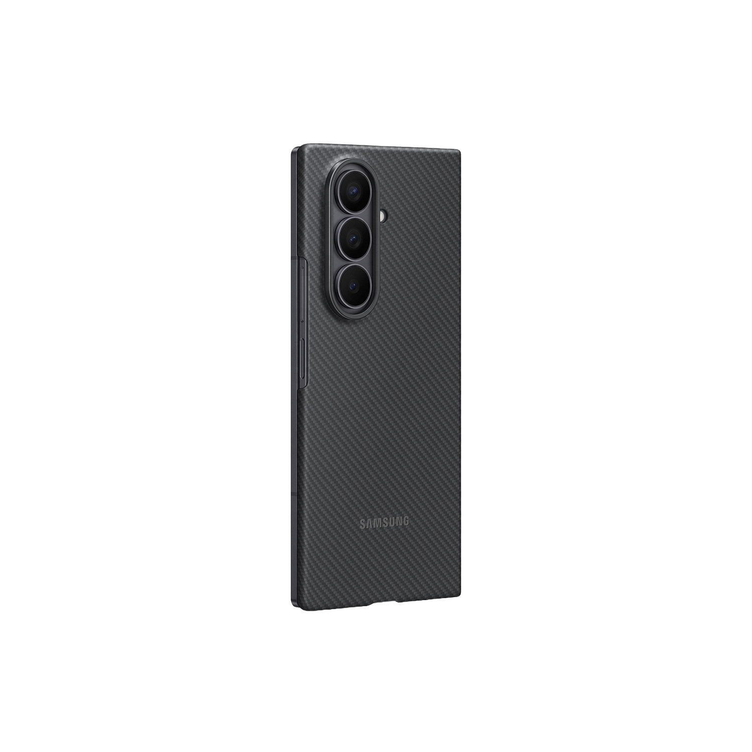 Un teléfono Samsung gris oscuro con textura de fibra de carbono. Tiene tres lentes de cámara y el logotipo de Samsung sobre fondo negro.