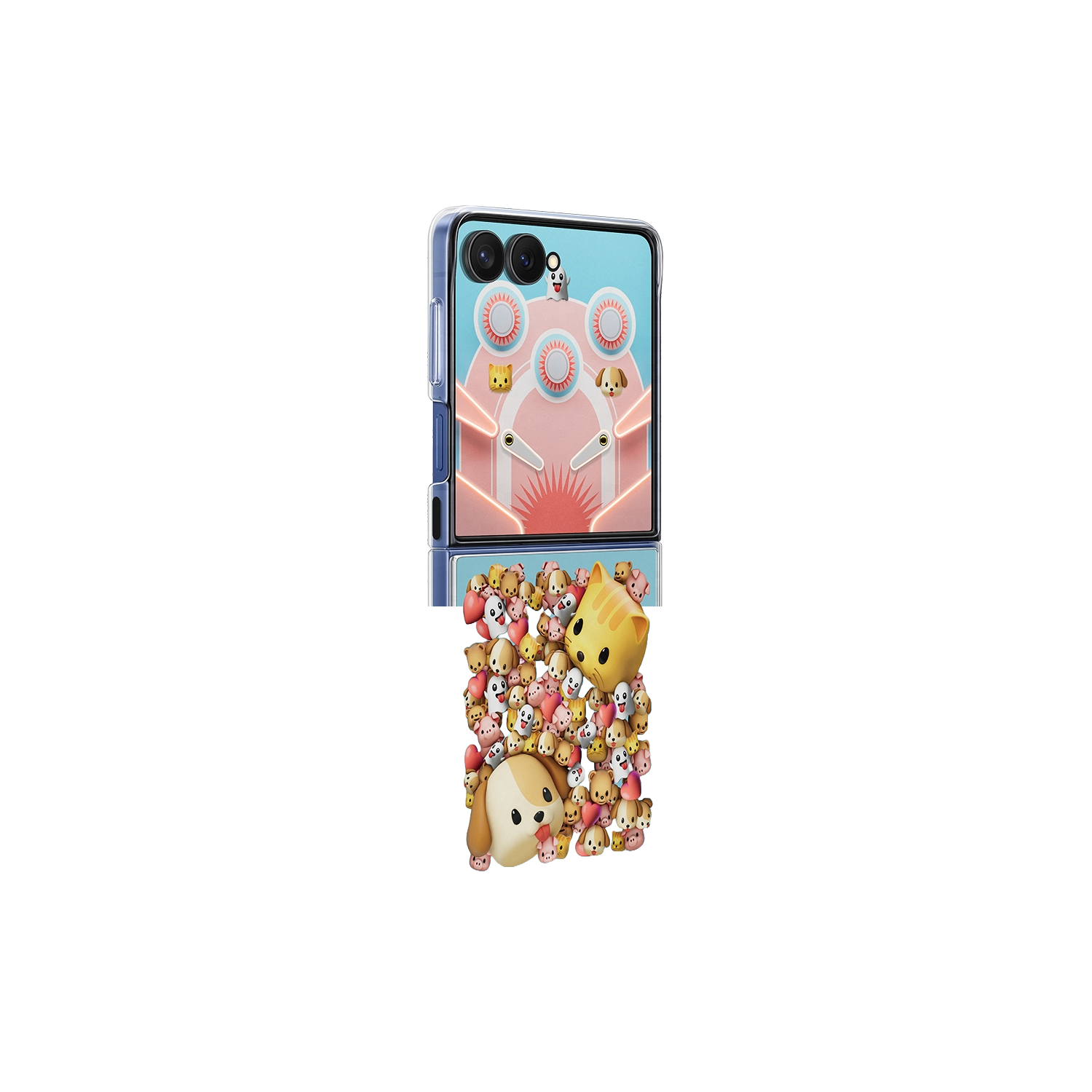 Funda de teléfono con diseño de máquina de pinball. Está rodeada de muchos pequeños animales de juguete.