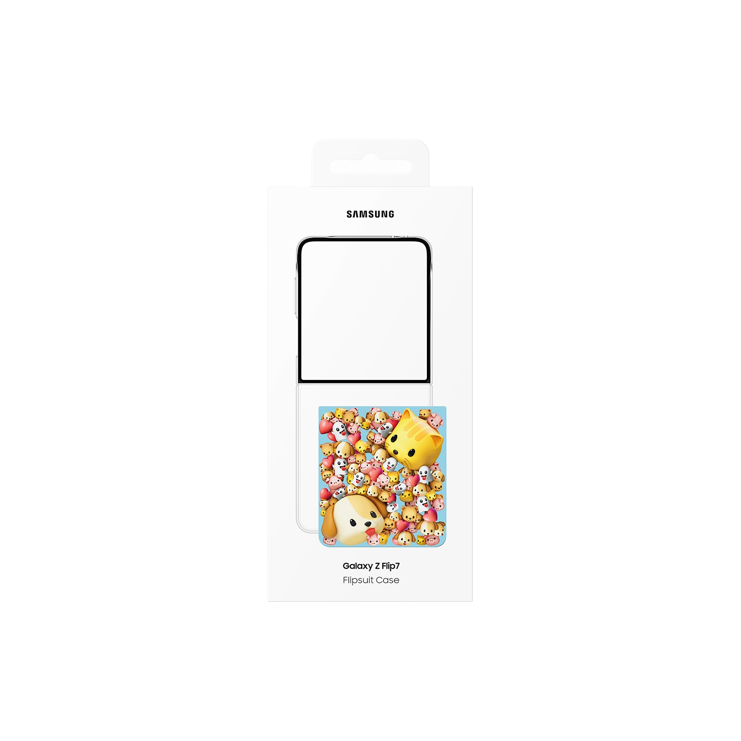Una caja blanca de la funda Samsung Galaxy Z Flip7 con personajes de Tsum Tsum. La caja es rectangular con una ventana transparente y un asa.