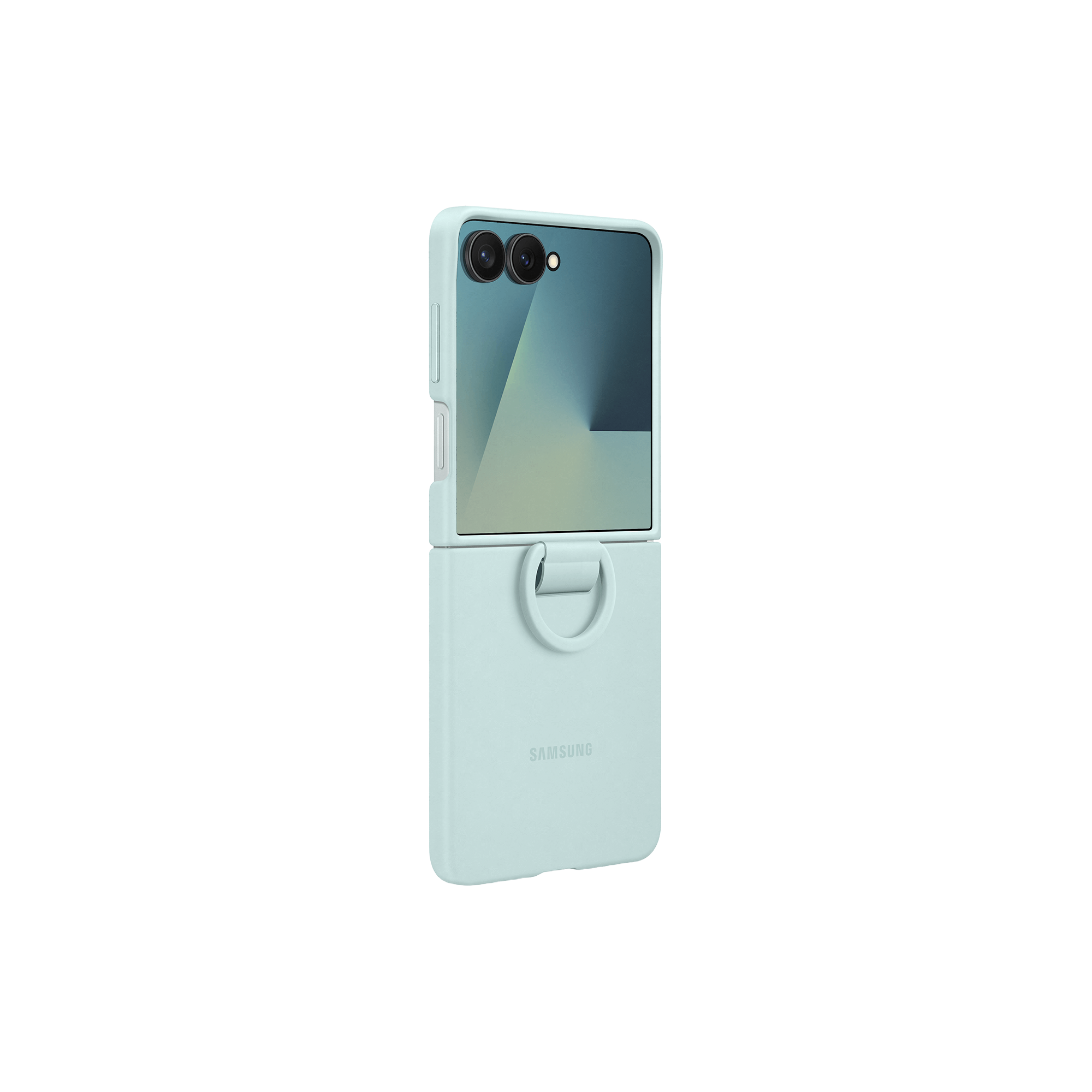 Un teléfono plegable Samsung azul claro en una funda a juego se muestra sobre un fondo negro.