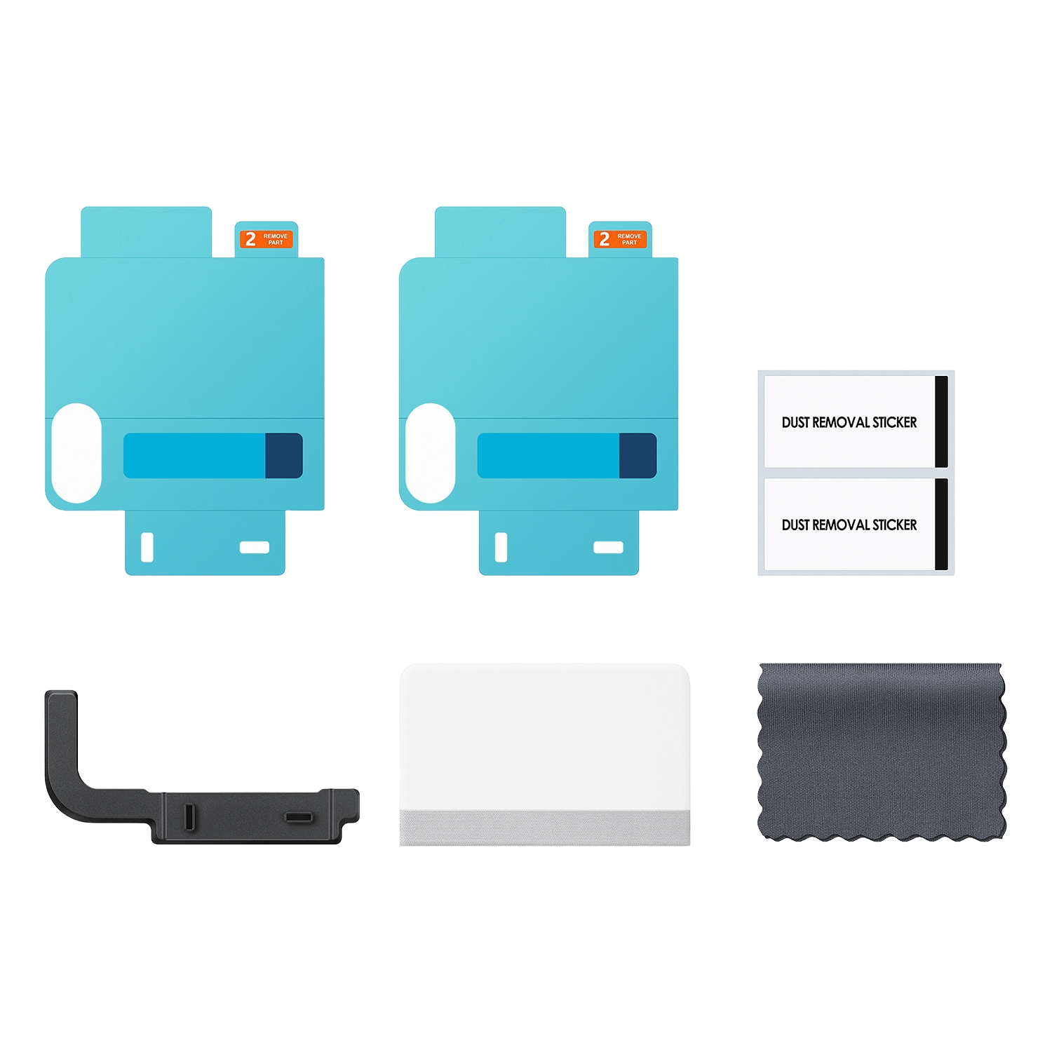 Varios componentes protectores de pantalla: láminas azules, pegatinas antipolvo, soporte de cámara negro, espátula blanca y paño gris.