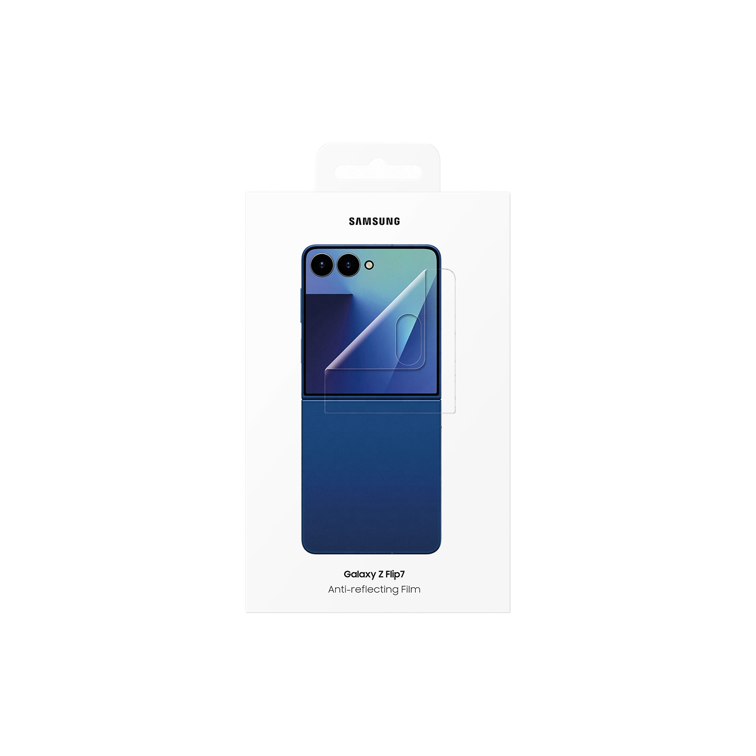 Una caja de película antirreflectante para el Samsung Galaxy Z Flip7. El teléfono es azul y tiene una película protectora. El fondo es negro.