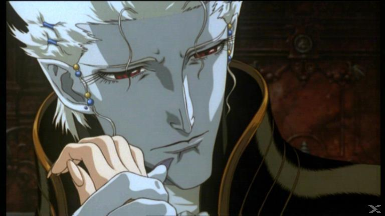Ein Anime-Charakter mit heller Haut, roten Augen und weißem Haar. Er berührt sein Kinn und trägt einen dunklen Mantel mit detailliertem Hintergrund.