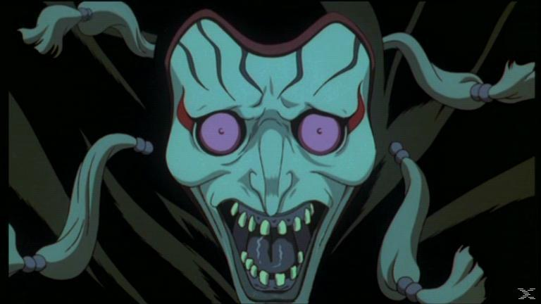 Ein animiertes, groteskes Gesicht mit breitem, zahnigem Grinsen, lila Augen und fließendem Haar. Vor schwarzem Hintergrund.
