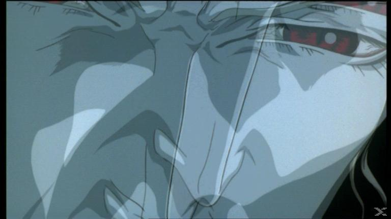 Anime-Gesicht, helle Haut, rotes Auge. Überlagert mit einem anderen Gesicht. Dunkles Haar. Blau- und Grautöne.