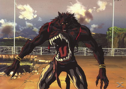 Ein Werwolf steht mit offenem Maul da. Sein Körper ist dunkelrot und schwarz, mit scharfen Zähnen. Er trägt goldene Armbänder und gestreifte Hosen.