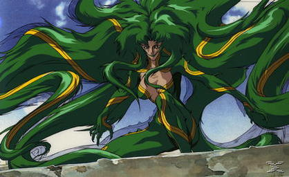 Anime-Figur mit grünen Haaren und Kleidung, akzentuiert mit Gelb. Die Figur kniet und hat einen strengen Ausdruck.