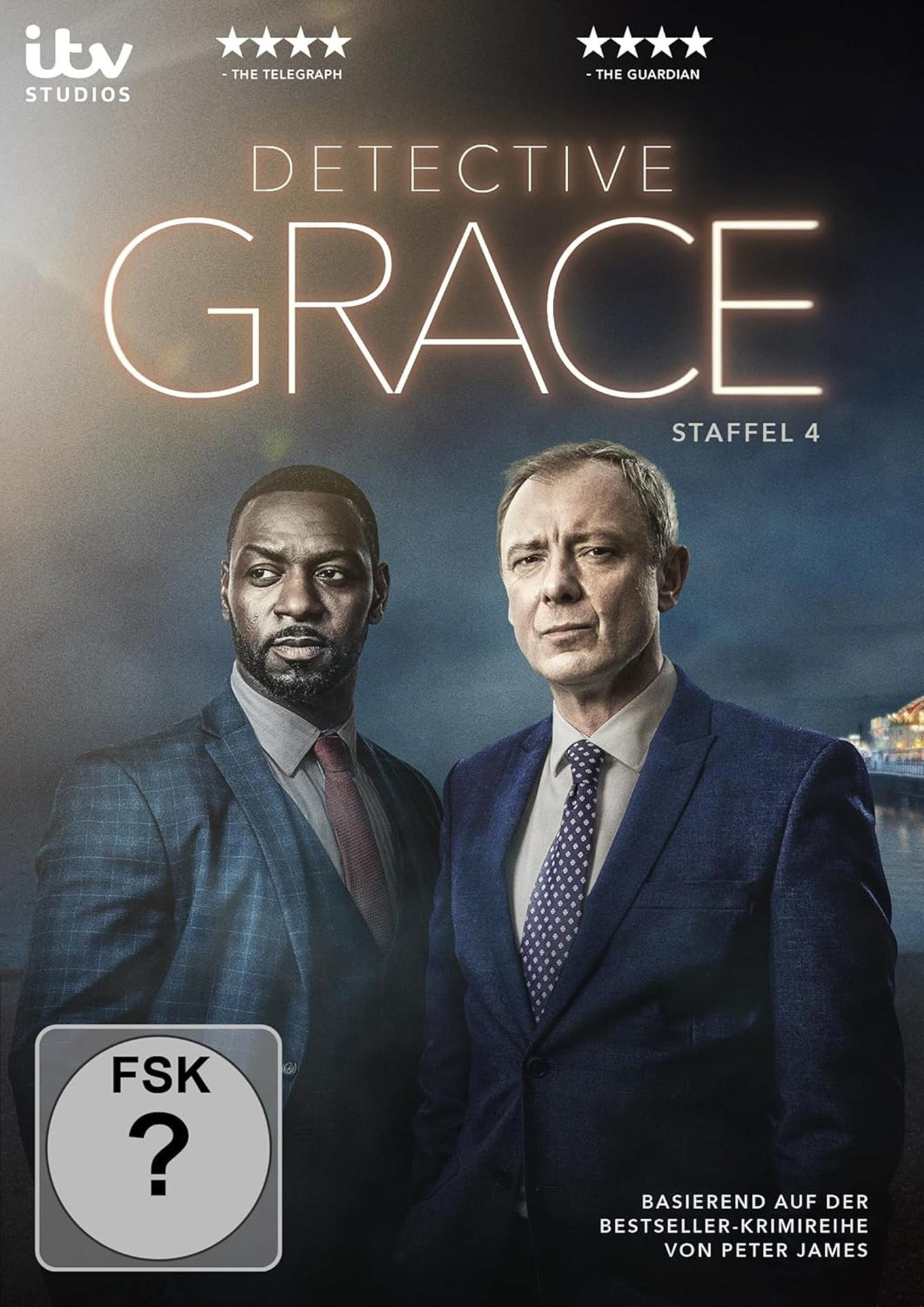 Cover von 'Detective Grace' Staffel 4. Zeigt zwei Männer in Anzügen. Titel und Logos oben, FSK-Logo unten links.