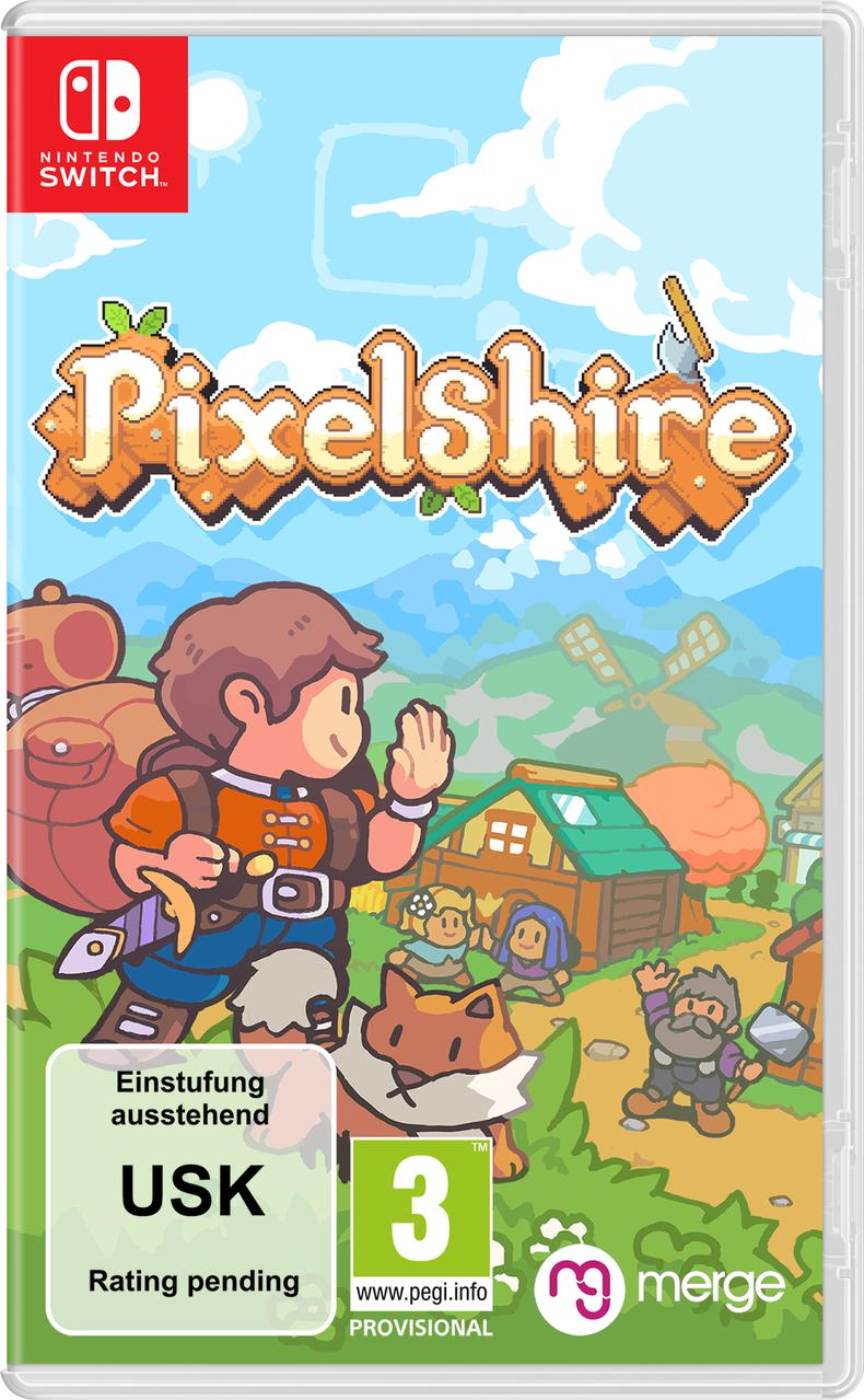 Gamecover voor Pixelshire op Nintendo Switch. Het toont een personage met een zwaard, een vos en een cartoondorpsscène. Classificatie in behandeling.